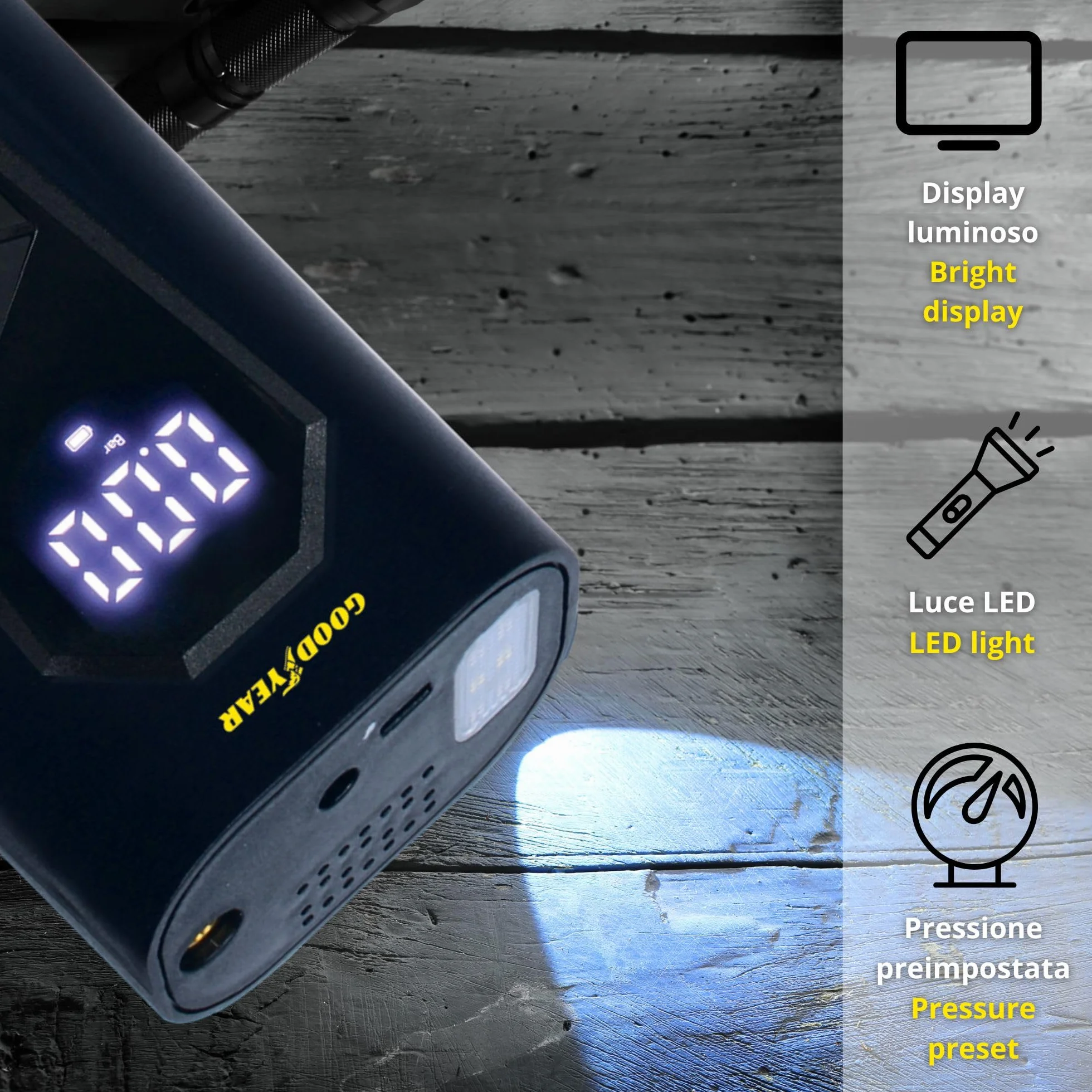Goodyear Bezprzewodowy Kompresor 6000 mAh 5 w 1 Pompowanie Spuszczanie Powietrza Pomiar Ciśnienia Powerbank Latarka LED