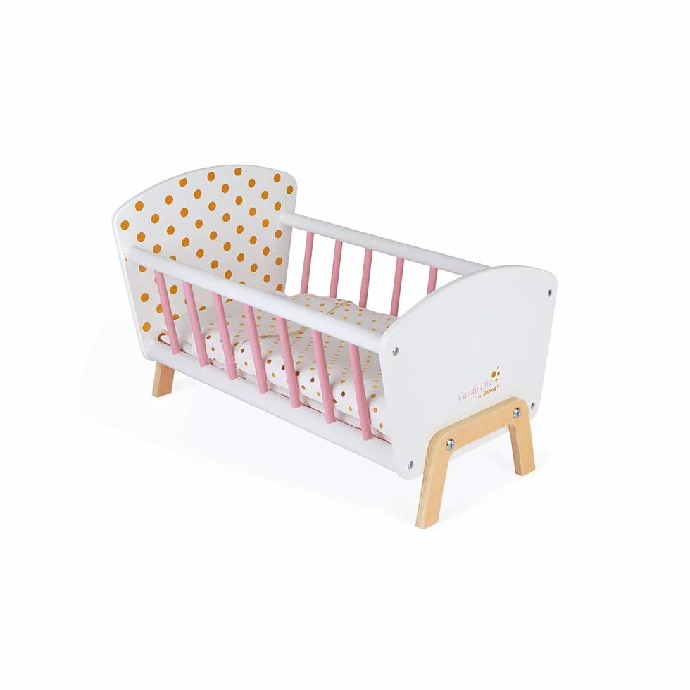 Janod - Candy Chic Bed - Wooden Baby Doll’S Bed with Mattress + Blanket + Pillow - Soft Shiny Colours - Accessories for Babies - from 3 Years Old, J05889