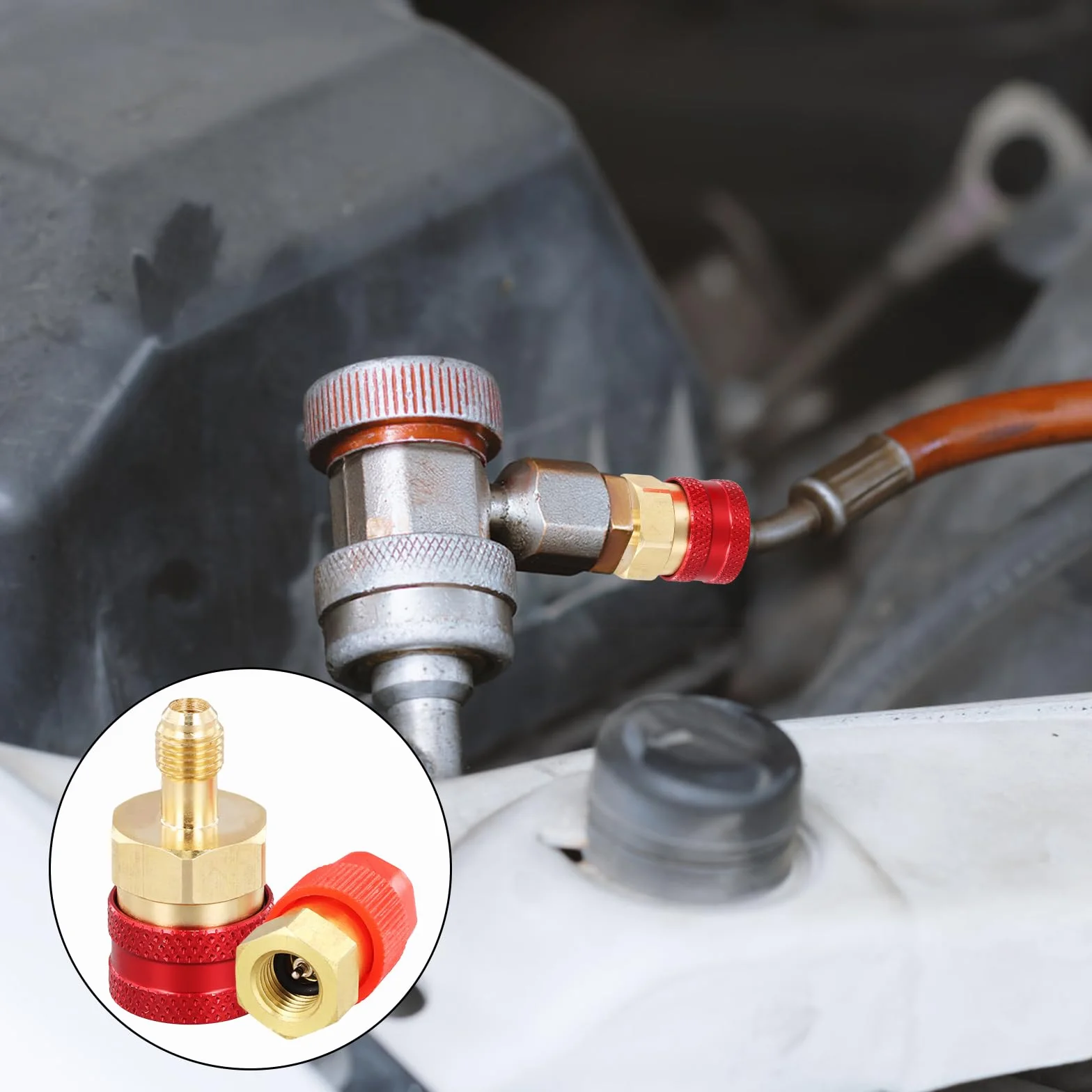 R1234yf-auf-R134a, zestaw szybkozłączek, R1234yf, wkład do środka chłodniczego z adapterem High/Low Side, adapter R1234yf/R134a klimatyzator samochodowy, system chłodniczy, ewakuacja i ładowanie