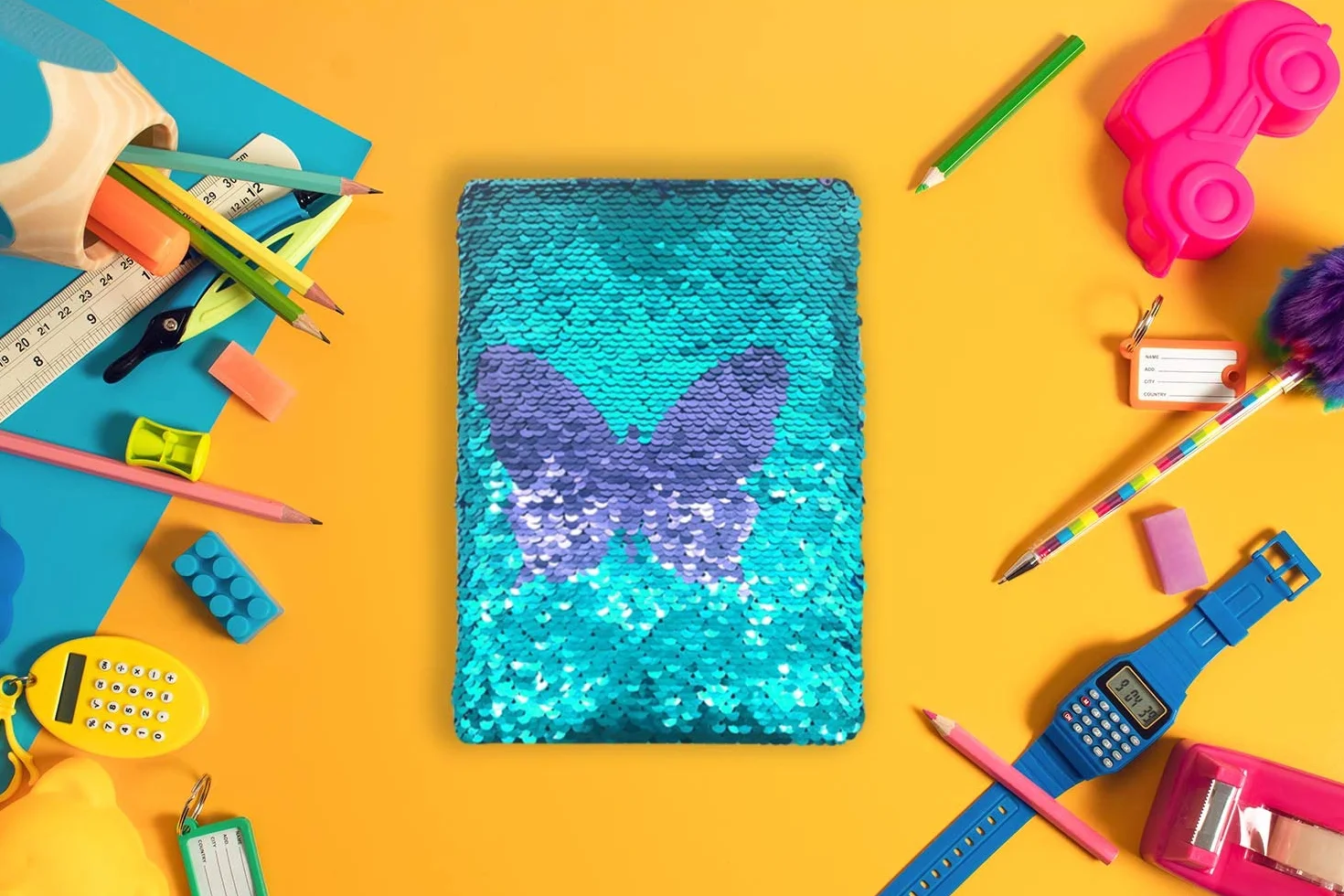 Dwustronny Notatnik z Cekinami, Niebieski - Fioletowy Motyl Pamiętnik dla Dziewczynek 80 Kartek 20,5x14cm Dziecięcy Dziennik Notatniki Prezent dla Dziewczynki