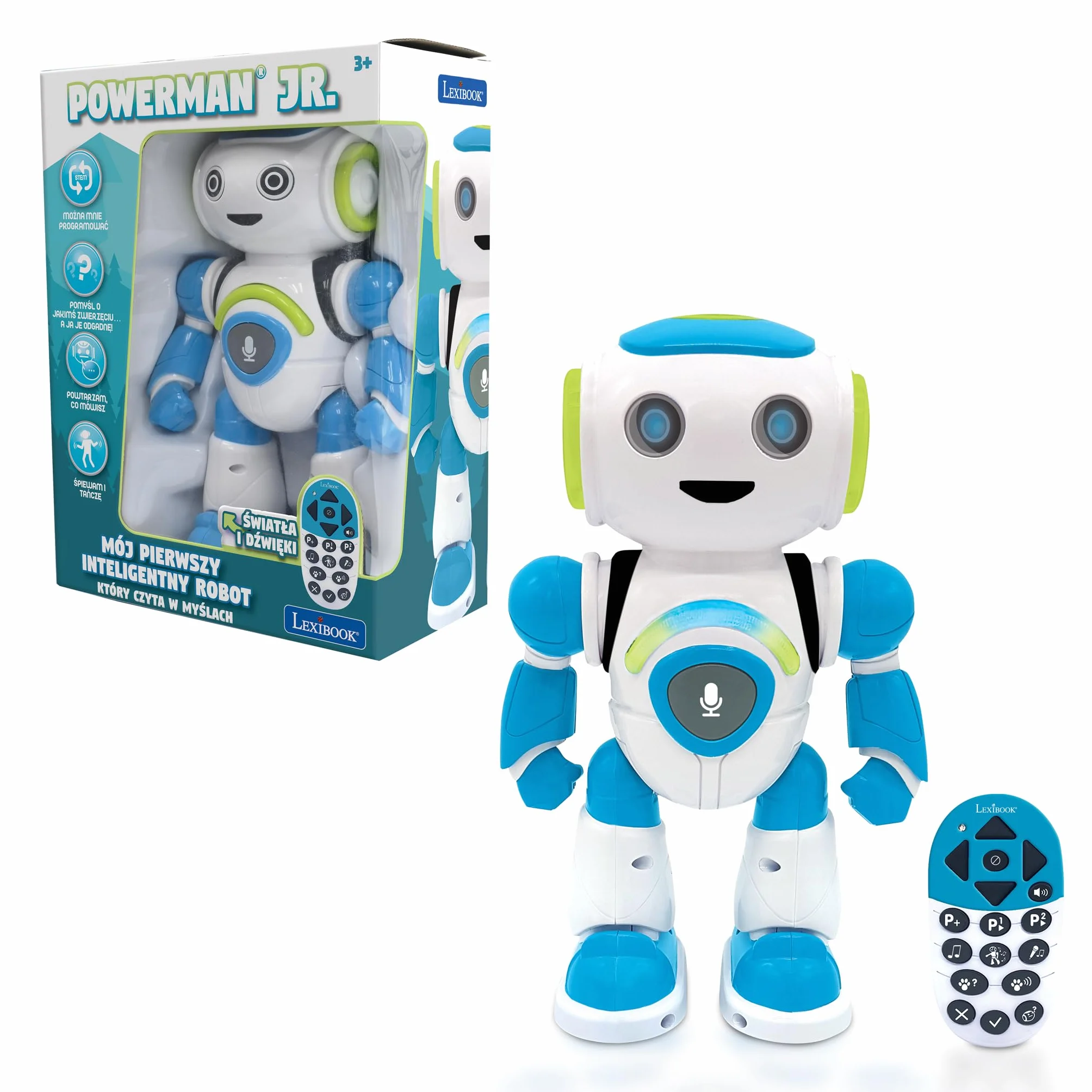 Lexibook Powerman Jr, wersja polska, interaktywny inteligentny robot zabawka, który czyta w myślach, zabawka dla dzieci, taniec, muzyka, zwierzęta, ROB20PL