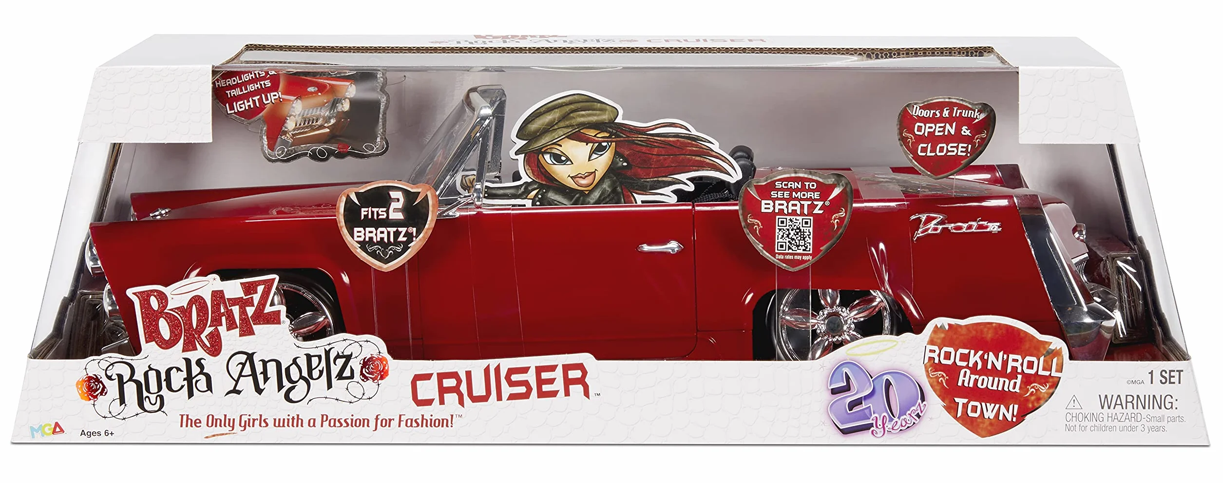 Bratz Rock Angelz 20 Yearz Edycja Specjalna Cruiser - Kolekcjonerski samochód cabrio z drzwiami, bagażnikiem, światłami, pasami bezpieczeństwa i kierownicą - dla 2 modnych lalek - Dla dzieci od lat 7+, 577829EUC