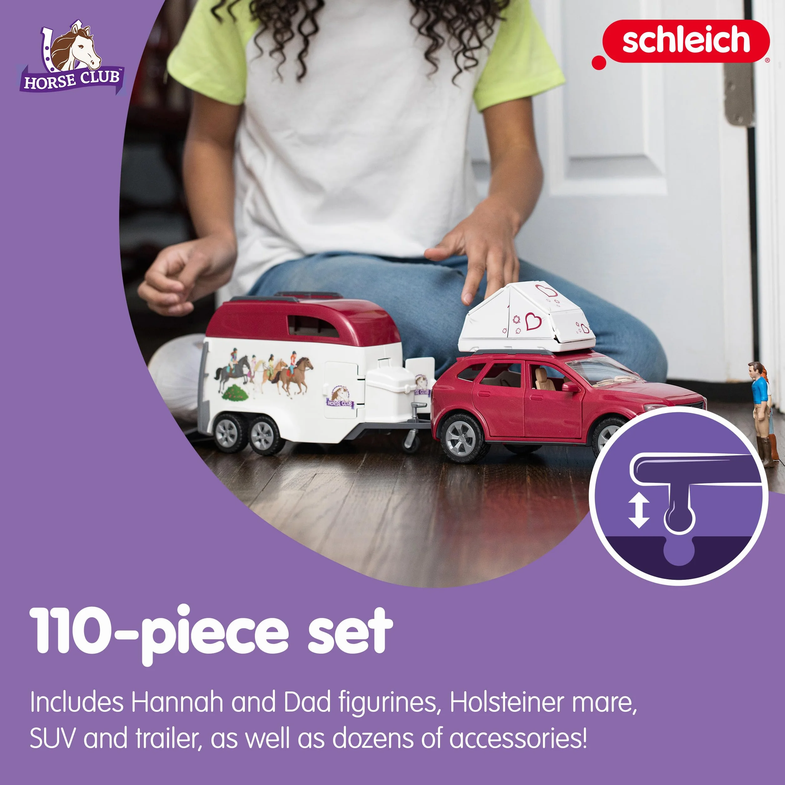 schleich HORSE CLUB | Podróż samochodem z przyczepą dla koni 42535 | z Hannah, tatą, koniem i akcesoriami | Prezent dla dziewczynek i chłopców | Zestaw konny od 5 lat | 110 elementów