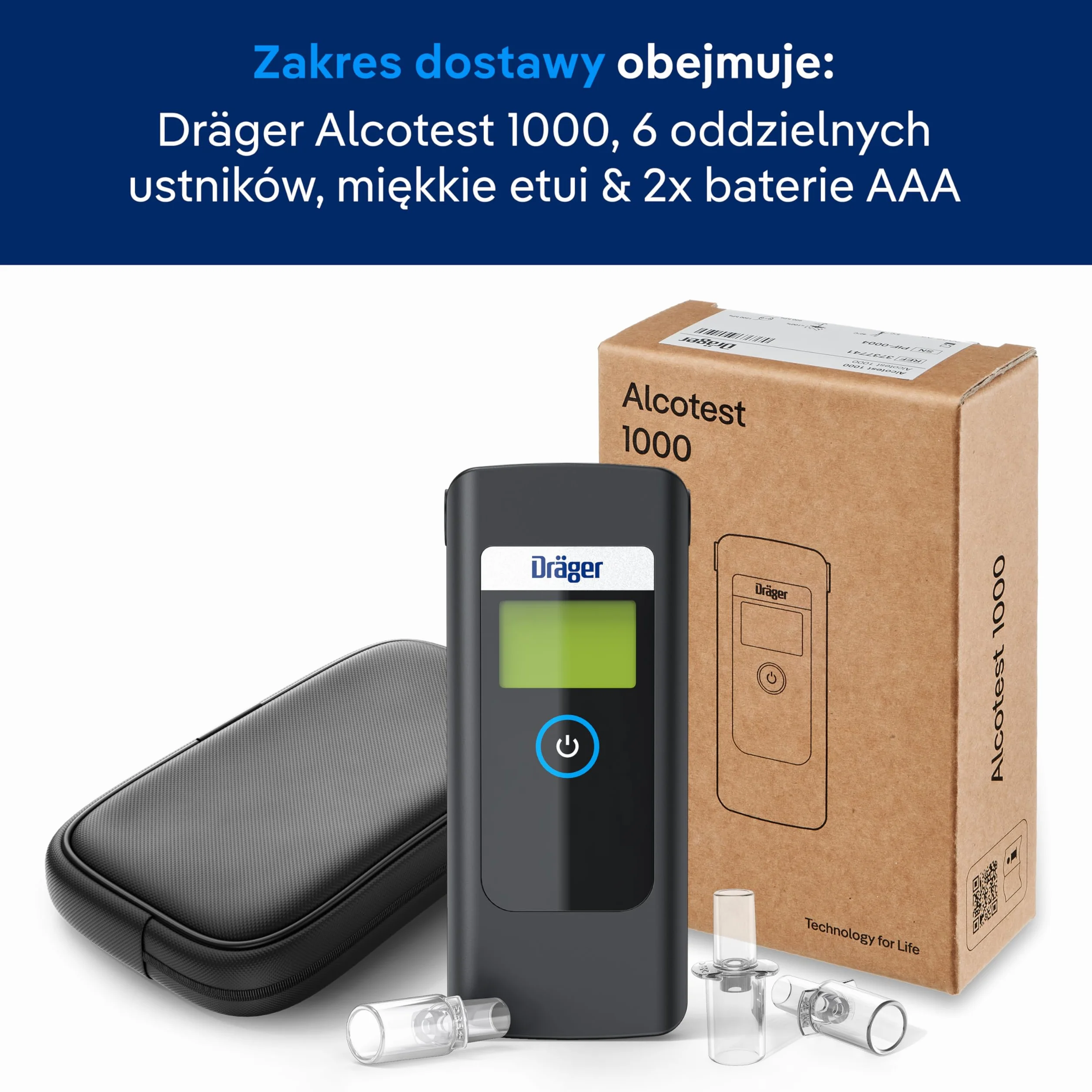 Dräger Alcotest 1000 alkomat z 6 wymiennymi ustnikami i torbą do przechowywania