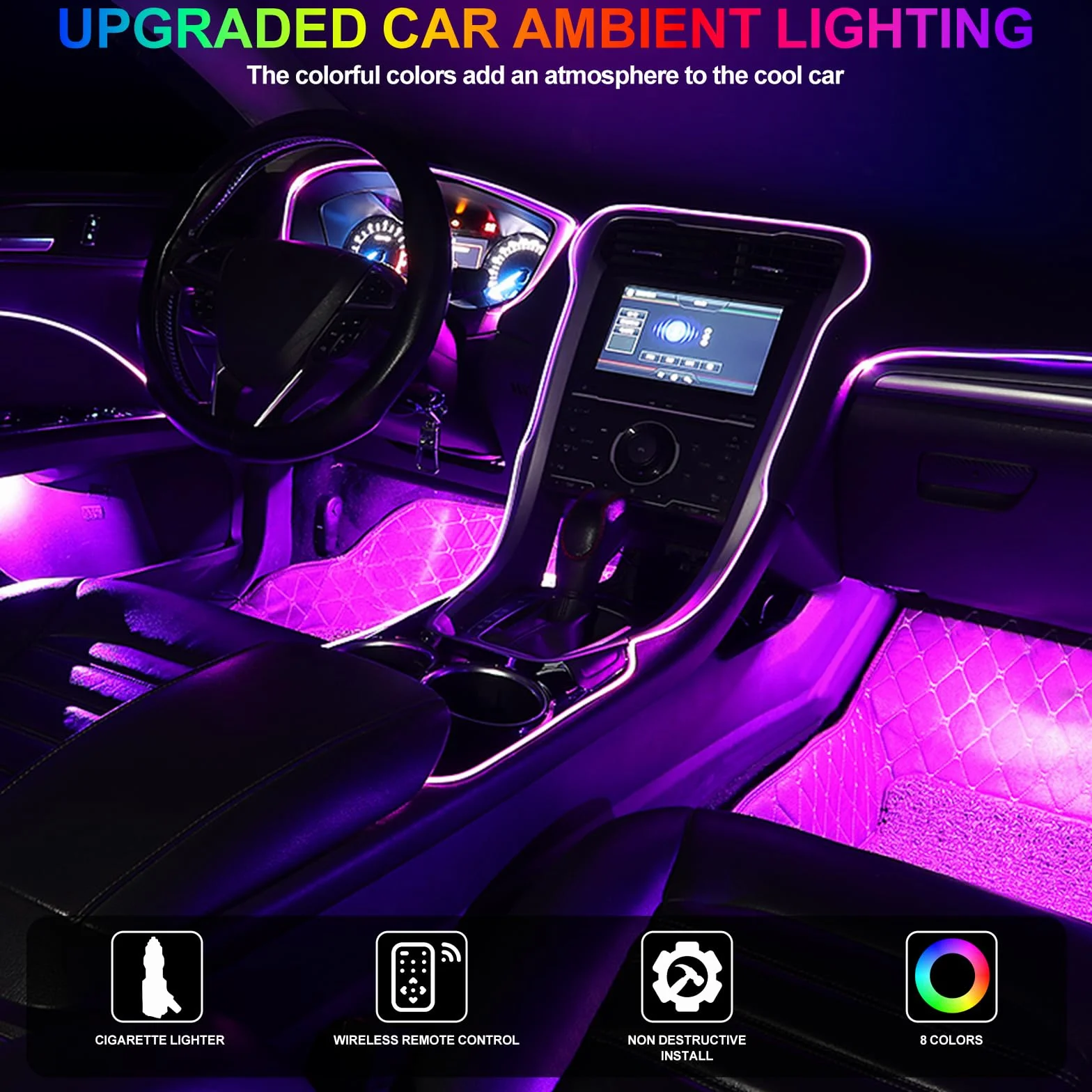 Oświetlenie wewnętrzne LED do samochodu 4 sztuki 72 paski RGB 12 V taśma LED ze sterowaniem aplikacją