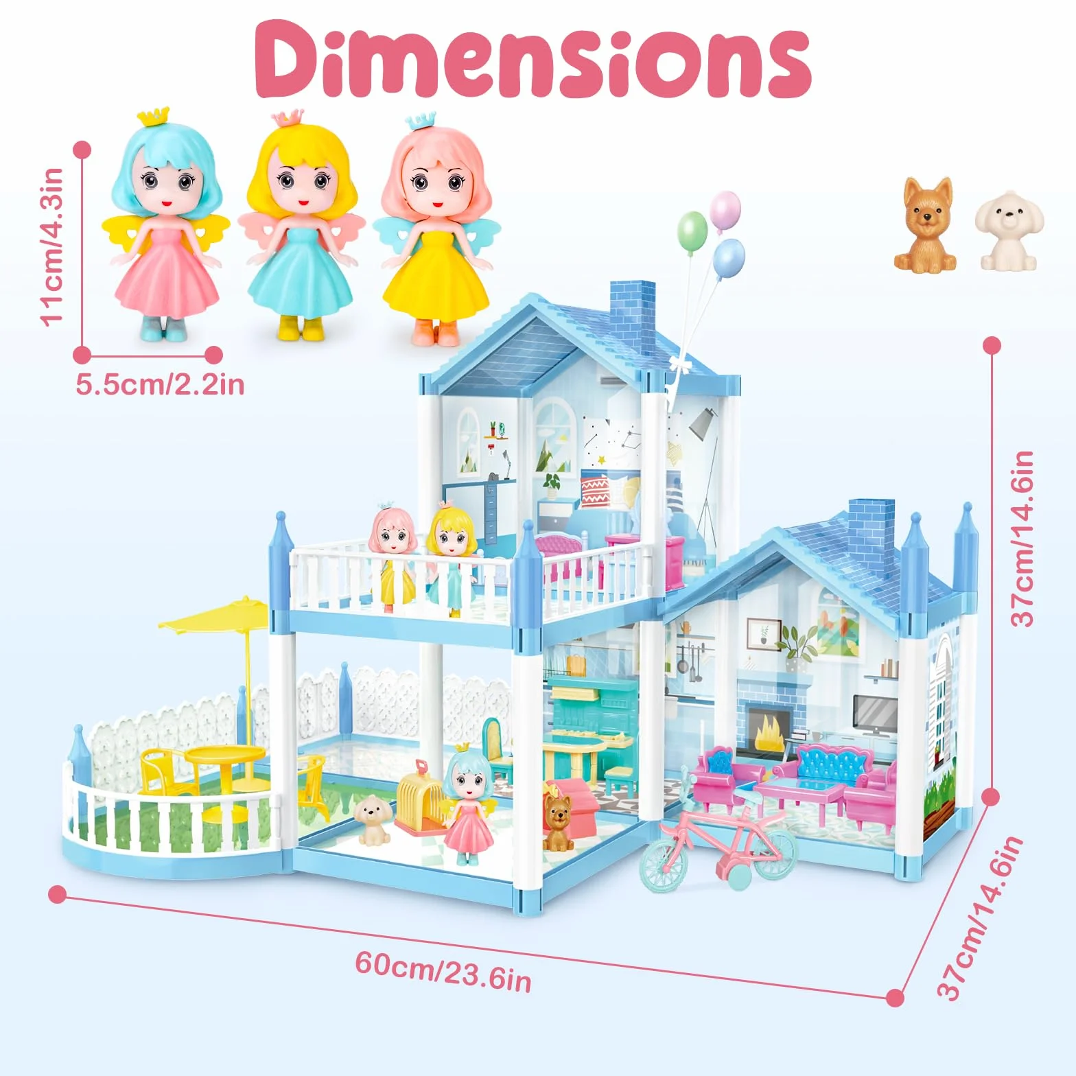 deAO Domek dla lalek dla dziewczynek, domek dla lalek z 3 figurkami lalek, meble, akcesoria, domek dla księżniczki, wymarzony dom, zabawka, prezent dla dziewczynek 3, 4, 5, 6, 7, 8 lat (niebieski)