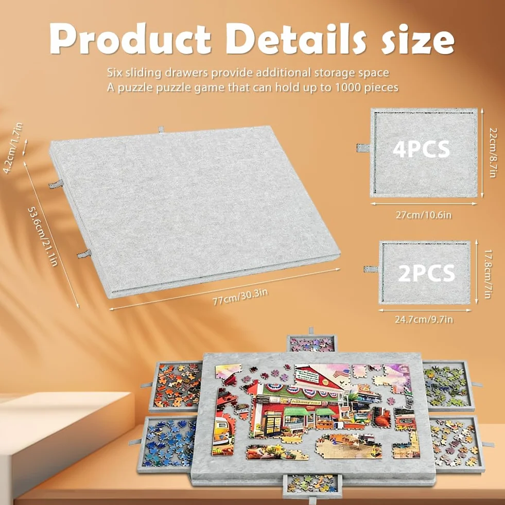Odchylana deska do puzzli 2 w 1 ze stojakiem i pokrywą, lekka filcowa deska do puzzli z 6 szufladami dla dorosłych, przenośny filcowy stół do puzzli, do 1000 elementów, akcesoria do puzzli