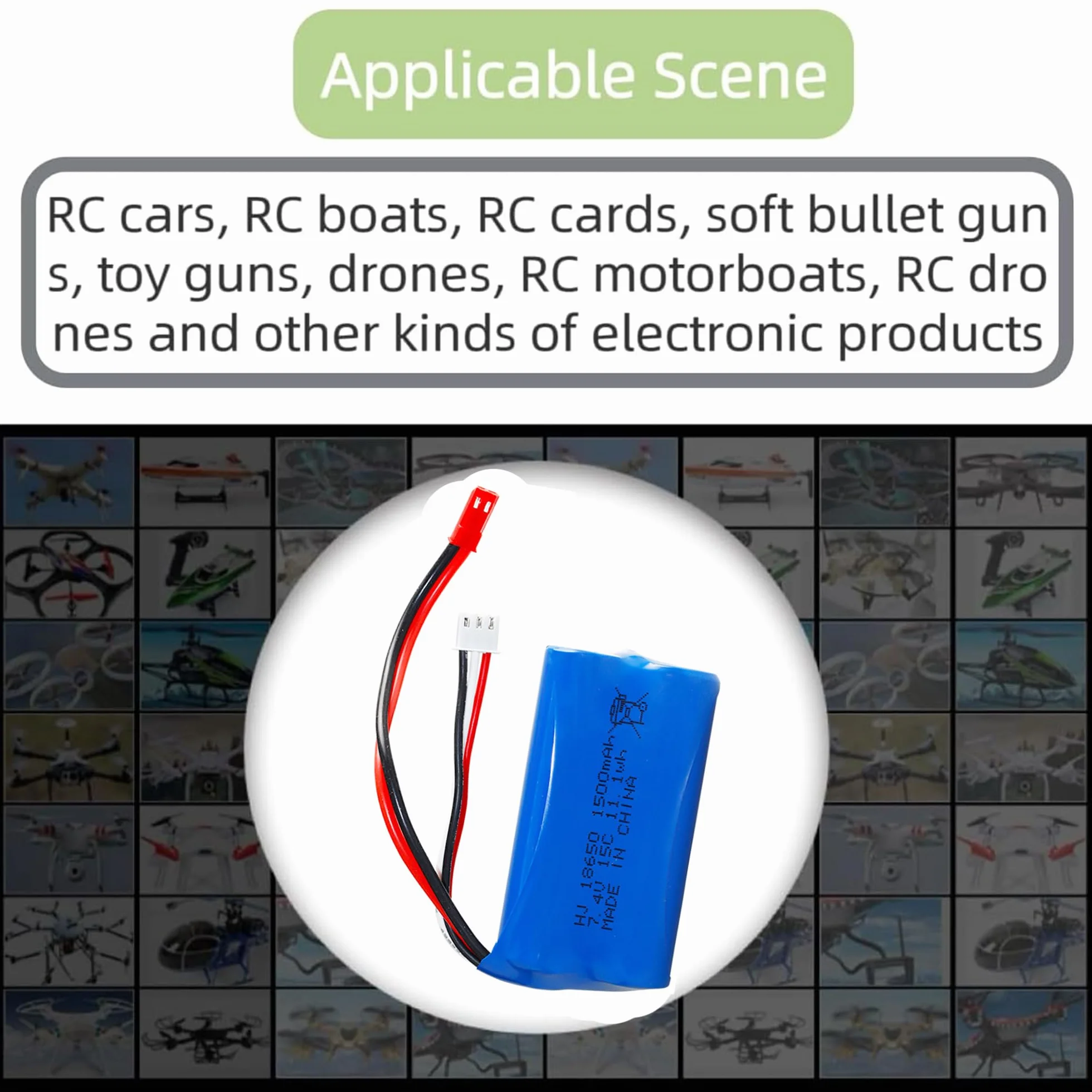 7,4 V 1500 mAh akumulator litowo-jonowy do wielokrotnego ładowania z JST i kablem ładującym USB do dwustronnego samochodu wyczynowego RC, małych łodzi RC, pojazdów amfibijnych Tumbling
