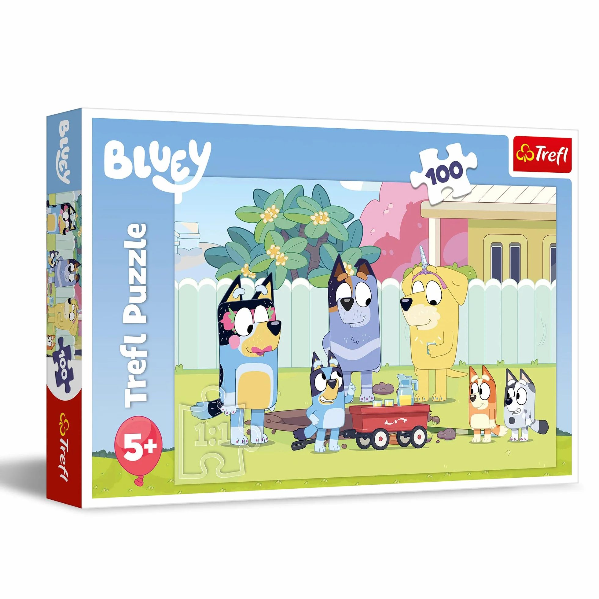 Trefl - Bluey, Wesoły Świat Bluey - Puzzle 100 Elementów - Kolorowe Puzzle z Bohaterami Bajki, Kreatywna Rozrywka, Zabawa dla Dzieci od 5 lat