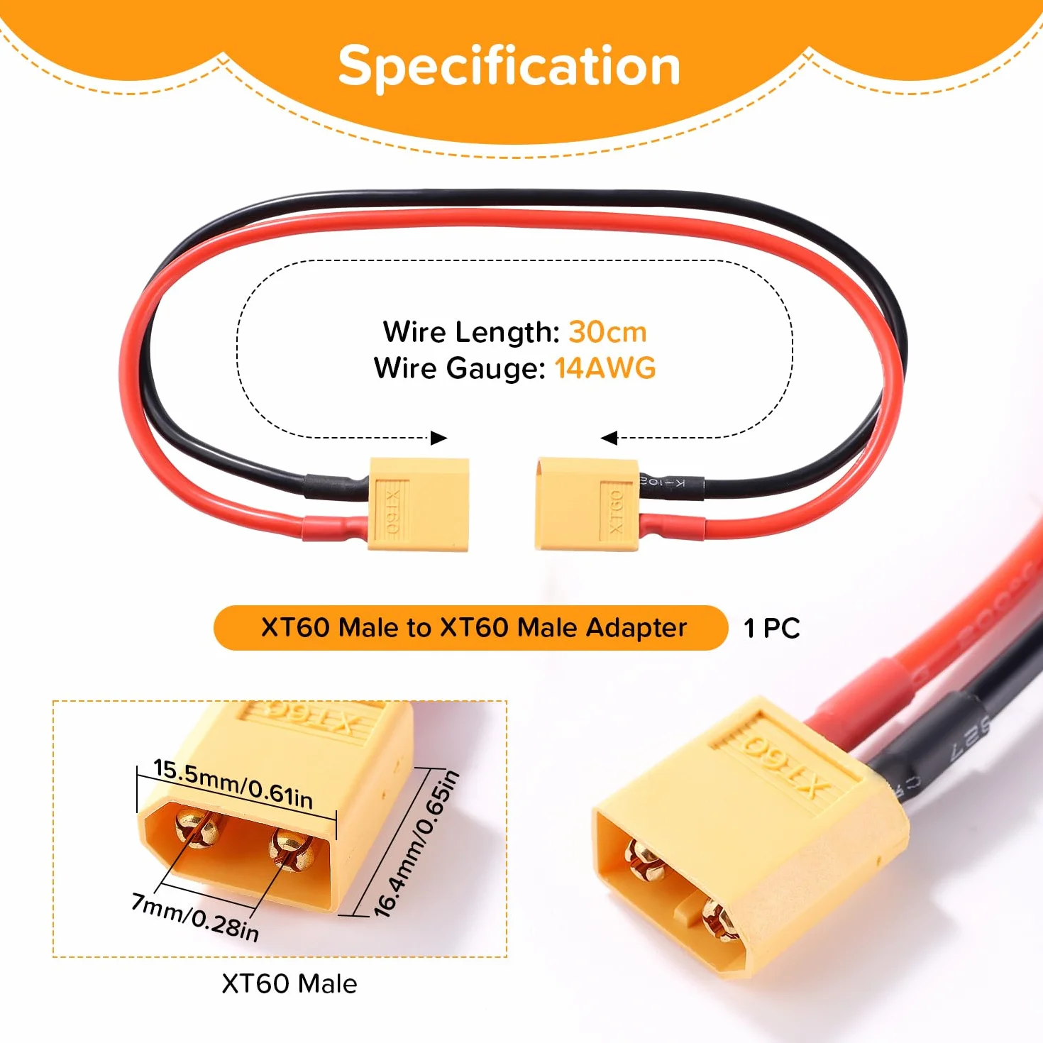 XT60 Przewód Przedłużający, XT60 Męski do Męski Wtyk Złącza, z 30cm 14AWG Silikonowym Kablem, do Akumulatora RC LiPo
