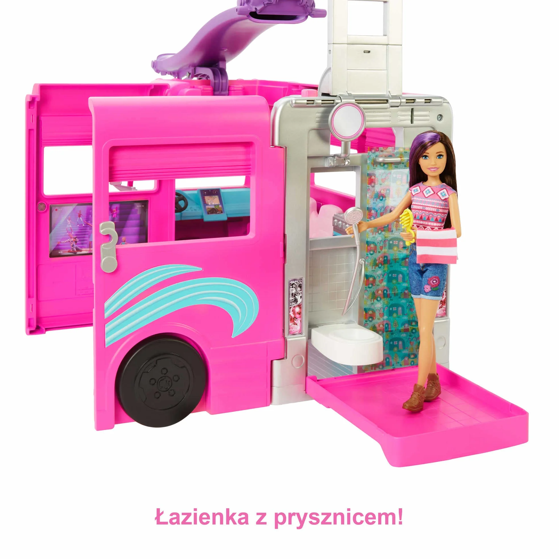 Barbie Dreamcamper Zestaw z kamperem z obracającymi się kółkami, 7 obszarami zabawy, basenem, zjeżdżalnią i ponad 60 akcesoriami kempingowymi, prezent dla dzieci od 3 roku życia, HCD46