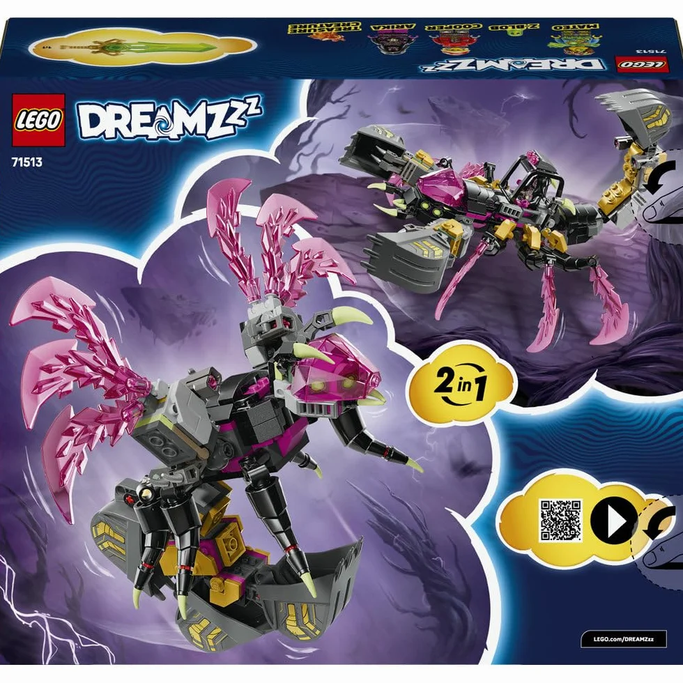 LEGO DREAMZzz Koszmarna skorpionowa koparka, zabawka dla dzieci z 3 minifigurkami, dwie opcje budowania, prezent na urodziny dla chłopców i dziewczynek w wieku od 7 lat, dekoracja fantasy 71513