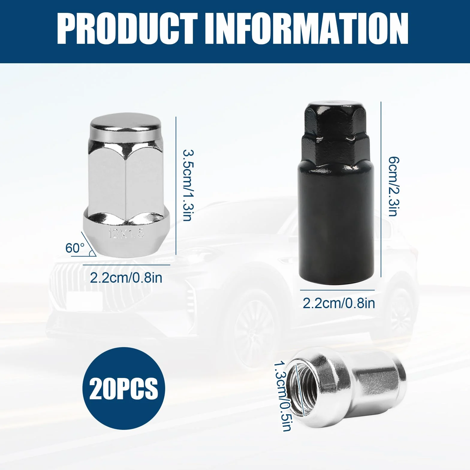 Nakrętki do kół M12 x 1,5, stalowe obręcze, 60°, zamknięte, stożkowe, nakrętki do kół, chromowane, z Fordem Chrysler, Toyota Hyundai Kia Mazda, 21 sztuk, uniwersalne nakrętki samochodowe