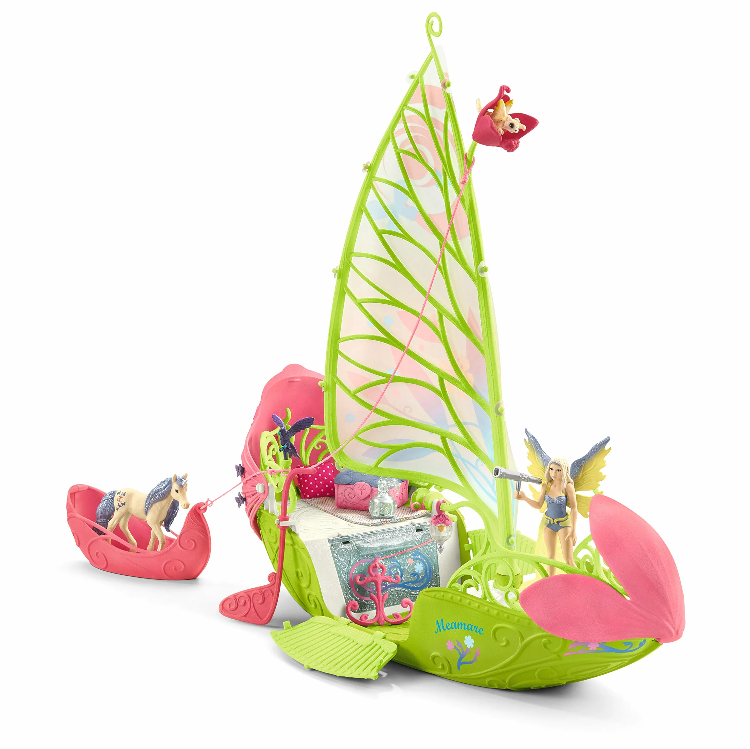 schleich 42444 BAYALA Seras magiczna łódź kwiatowa, 40-częściowy zestaw do zabawy z figurką jednorożca, elfa i skrzynią skarbów, zabawka dla dzieci od 5 lat