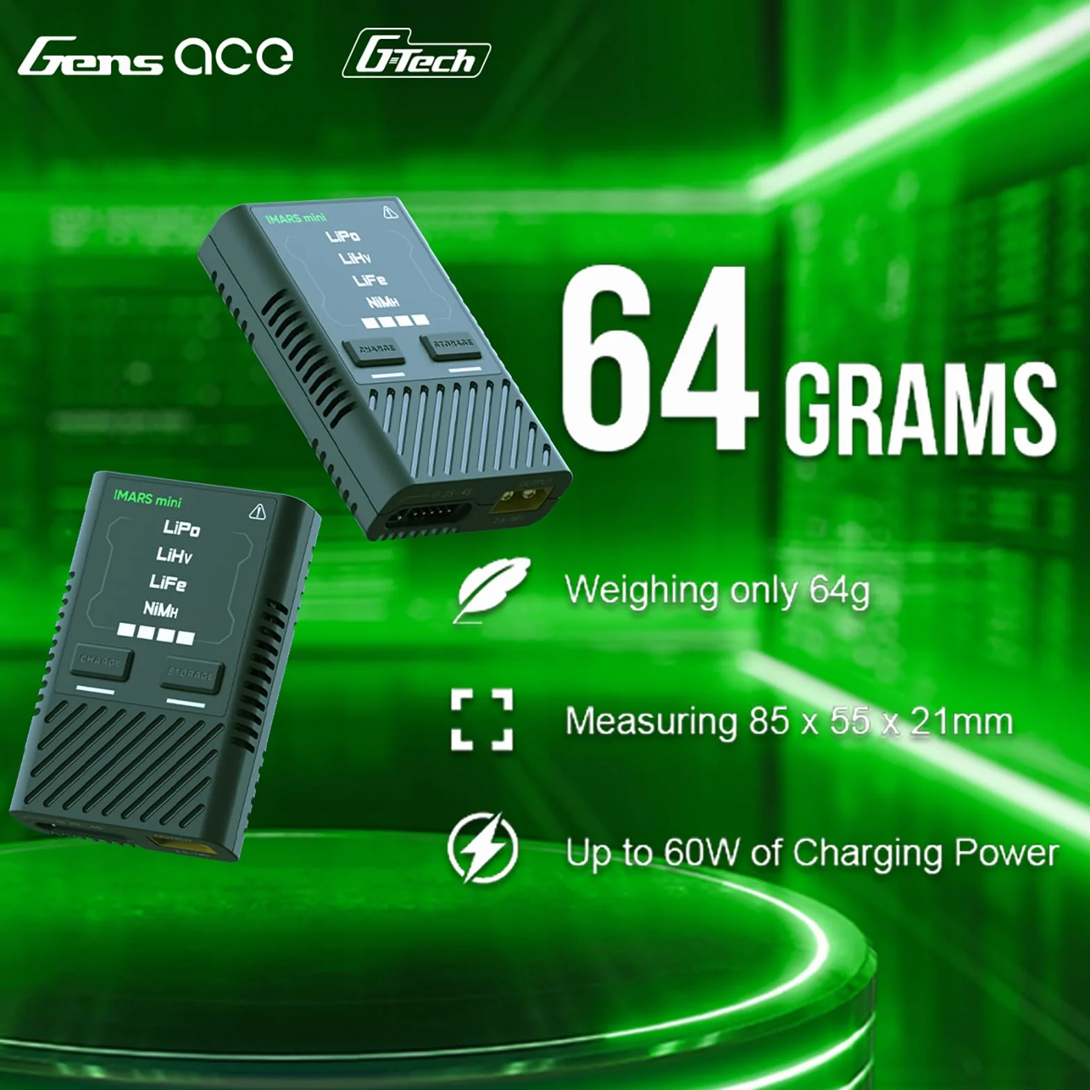 Gens Ace 60W Ładowarka LiPo Imars Mini do akumulatorów RC 2S, 3S, 4S 7,4 V, 11,1 V, 14,8 V z adapterem XT60/Deans/XT30/JST