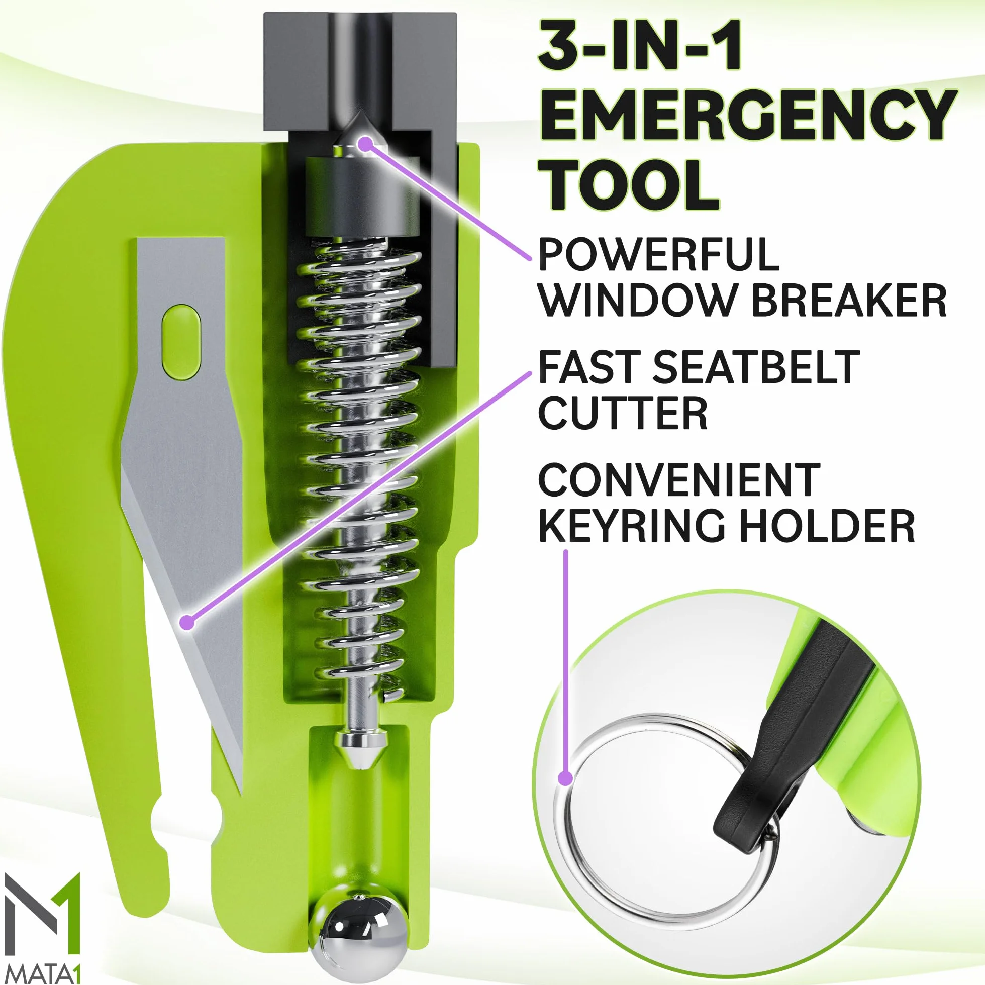 3-in-1 Car Safety Escape Tool Emergency Hammer Seat Belt Cutter Window Glass Breaker 2 Pack Green by Mata1