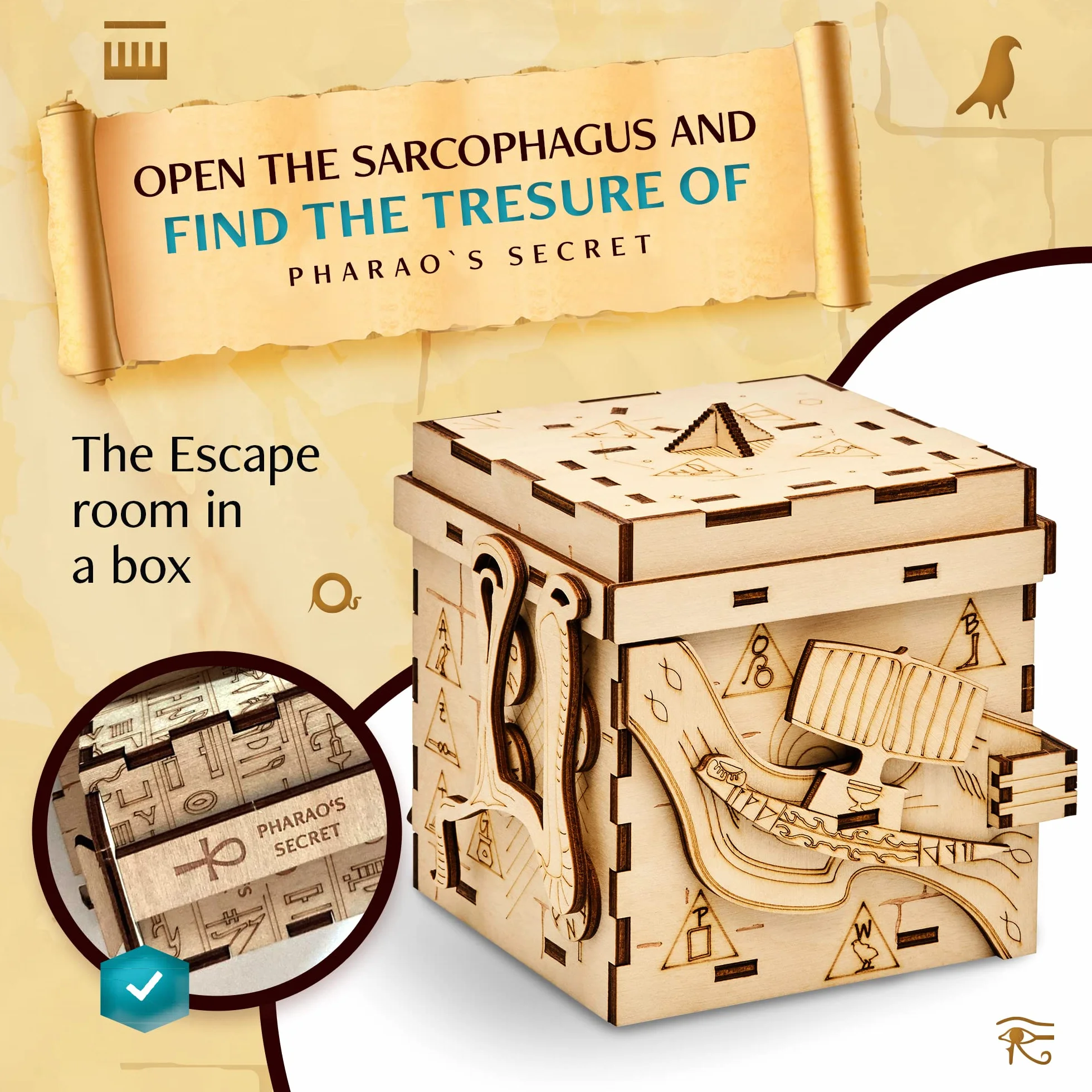 INSCAPE Pharaoh´s Secret Puzzle Box - Escape Room w pudełku dla dorosłych - puzzle dla dorosłych - pudełka na puzzle z ukrytymi przegródkami, drewniane pudełko na puzzle, prezent urodzinowy