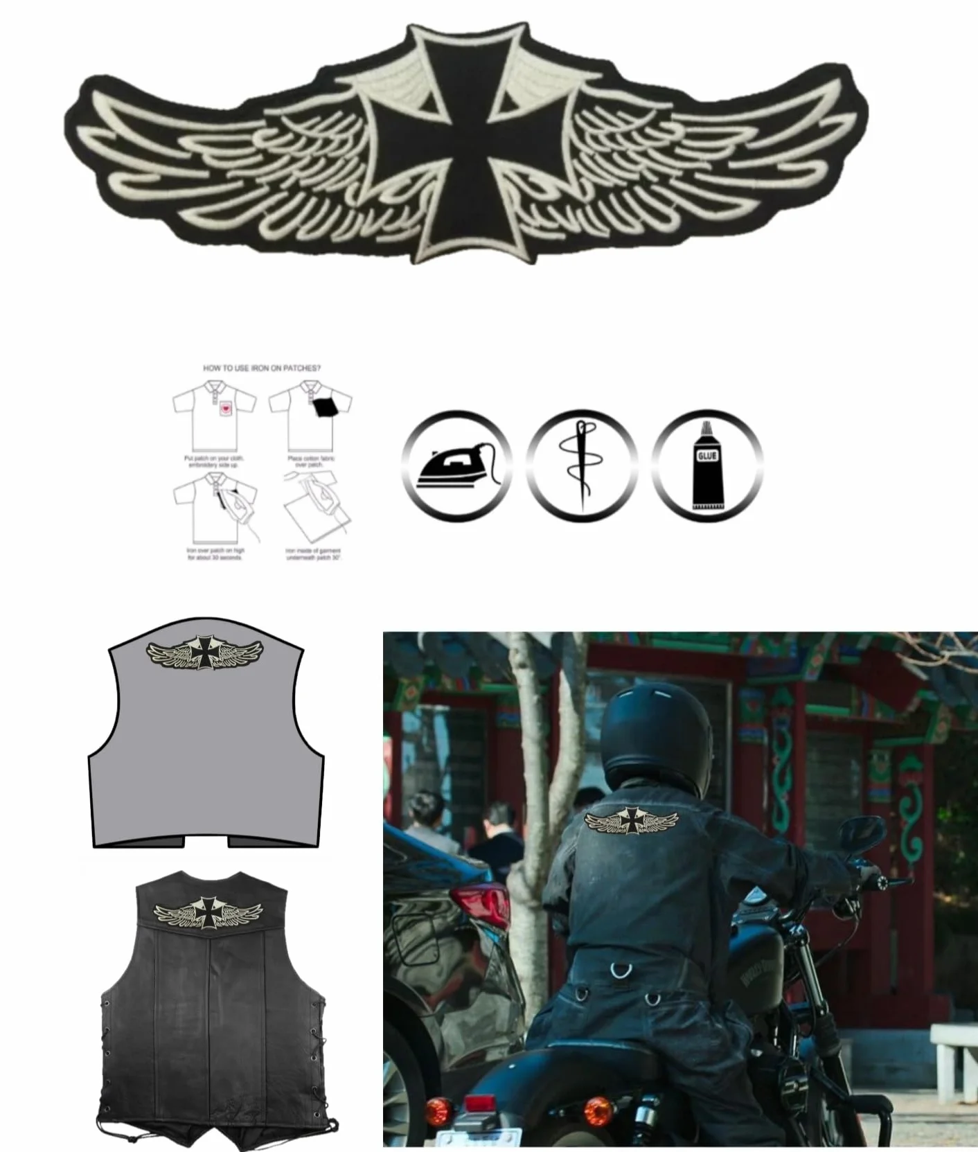 Krzyż Chopper Biker - Naszywka Haftowana łatka, naszywka dla motocyklistów haftujących na Pilot Motorcycle, do kamizelki motocyklowej, do dekoracji odzieży motocyklowej, odzieży motocyklowej