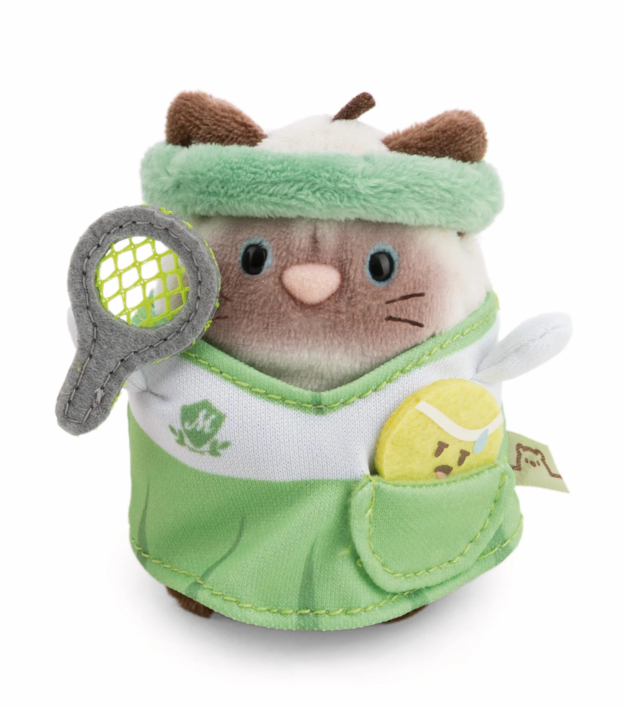 NICI 62903 zestaw przytulanka kotka syjamska Siamy z piłeczką tenisową i strojem tenisowym w pudełku prezentowym, mymochi pluszowe zwierzątko w stylu kawaii, 8 cm, 8,5 x 6,5 x 10 cm, brązowy