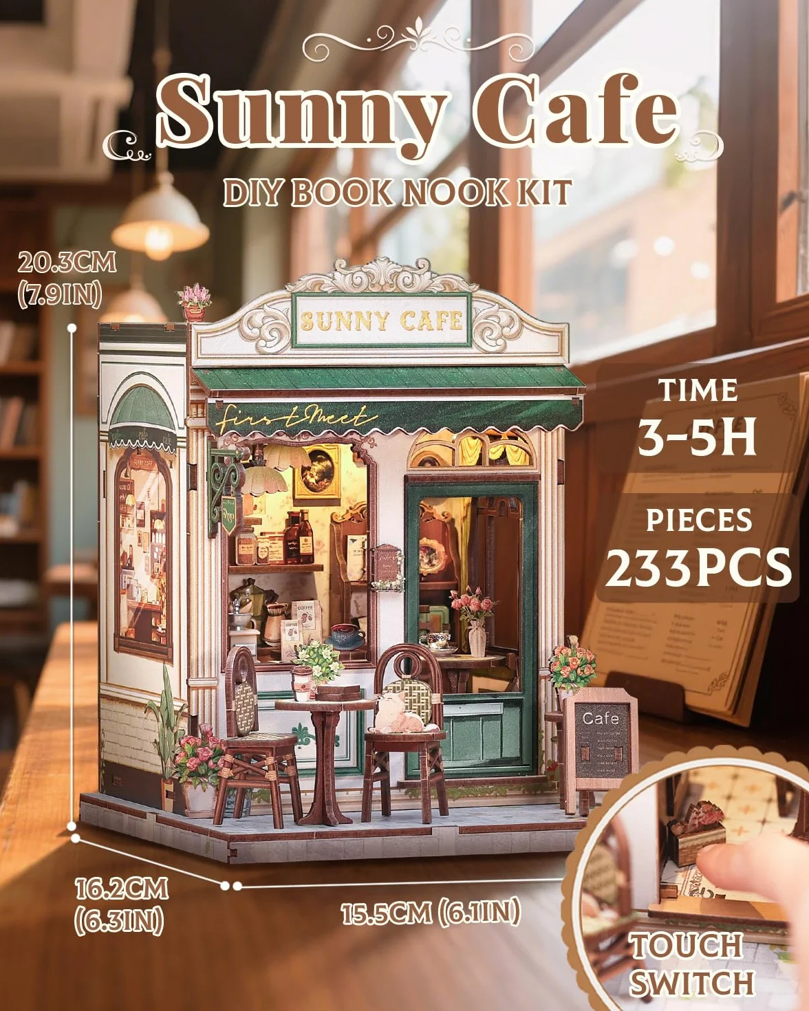 CUTEBEE Book Nook Kit-DIY Domek Dla Lalek,Drewniana Zakładka 3D w Stylu Vintage Biel & Zieleń,Dekoracja na Półkę,Prezent dla Dorosłych (Sunny cafe)