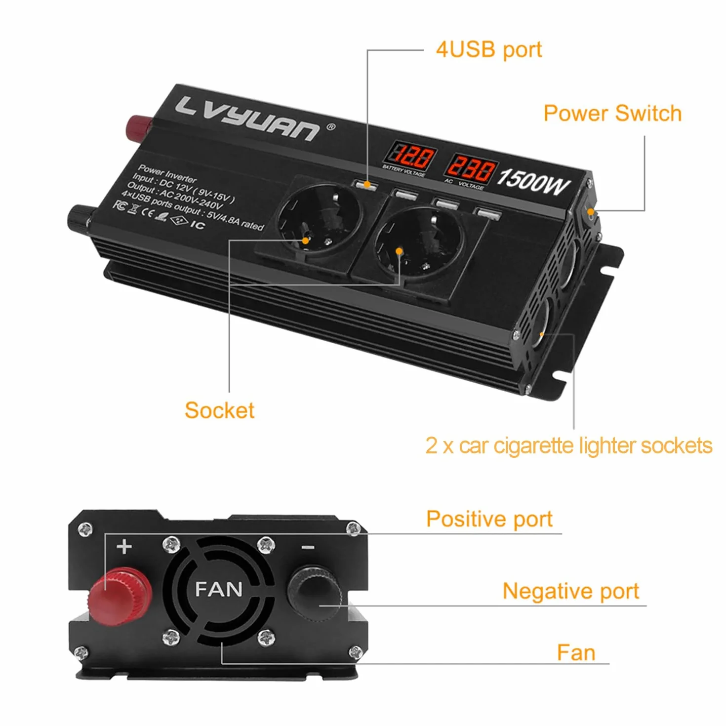 Yinleader Power Inverter 12V 230V 1500W Falownik z 4 USB i 2 Gniazdami