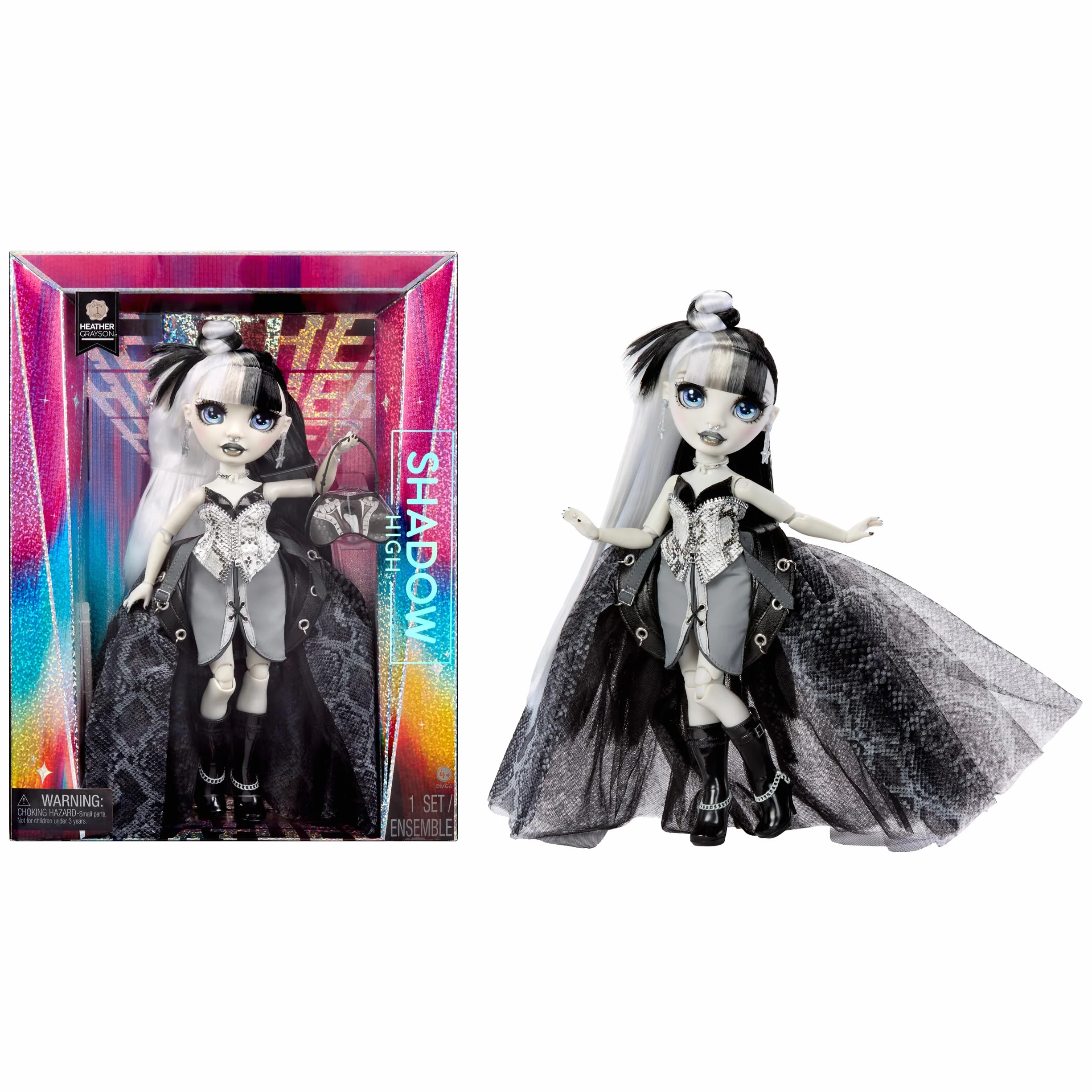 Rainbow High Shadow High Fashion Doll - Heather Grayson - 28 cm Lalka z Czarno-białymi Włosami i Designerskimi Stylizacjami, Odpowiednia dla Kolekcjonerów i Dzieci w Wieku 6–12 Lat