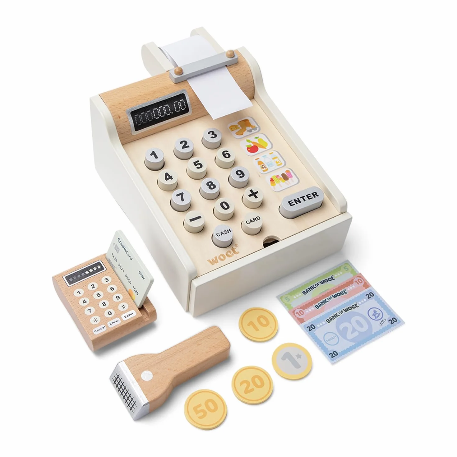 New Classic Toys 10651 kasa fiskalna, w zestawie pieniądze do gry, skaner i karta bankowa, akcesoria do sklepu, z drewna, biała