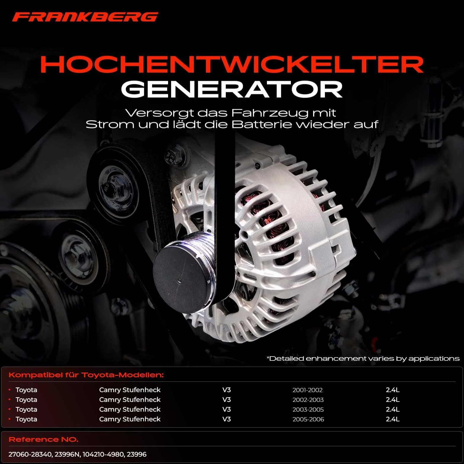 Frankberg Generator prądnicy kompatybilny z Camry sedan ACV3 MCV3 XV3 2,4 l, benzyna, 2001-2006, zamiennik # 27060-28340
