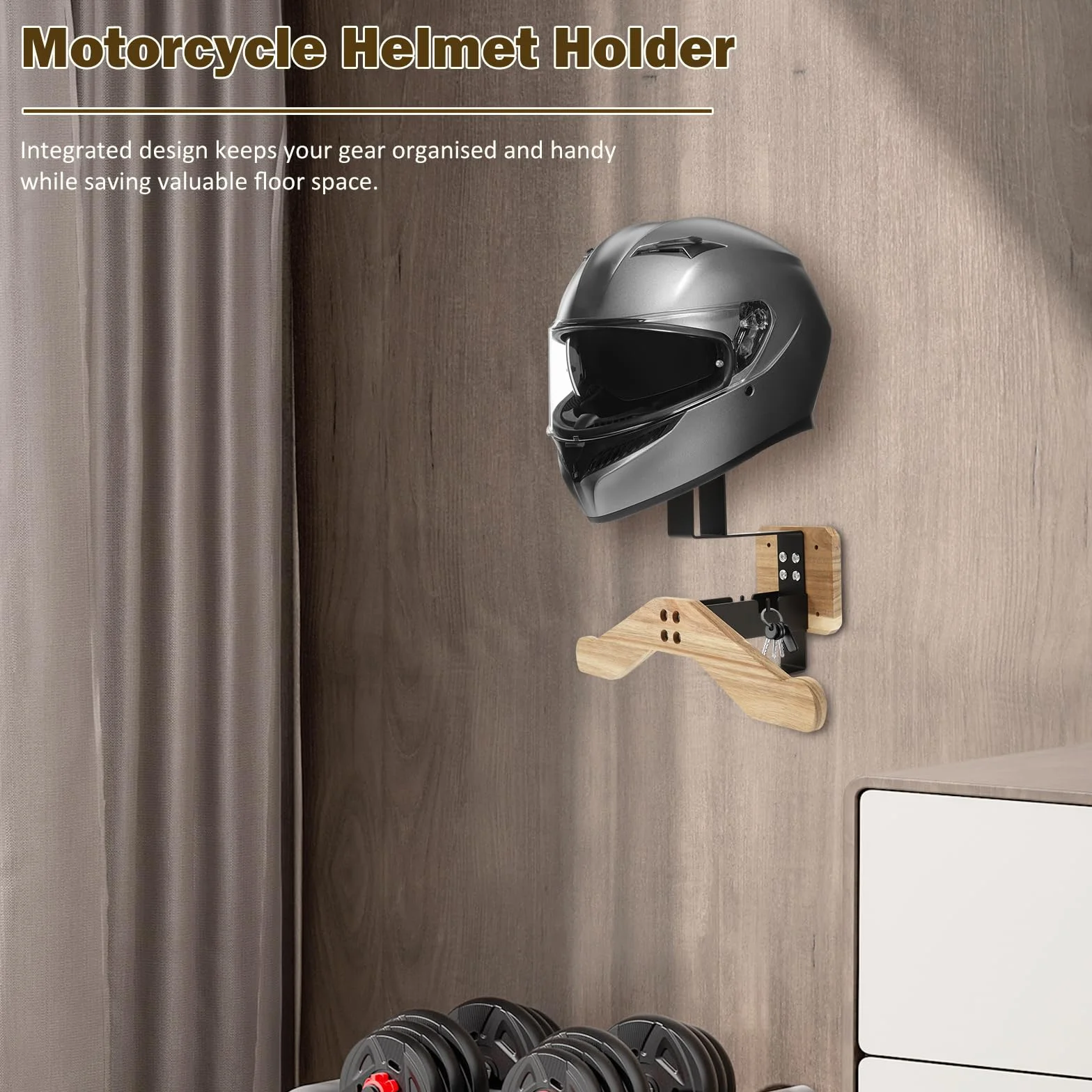 Uchwyt na kask motocyklowy ścienny drewno stal wieszak z hakami stojak kaski