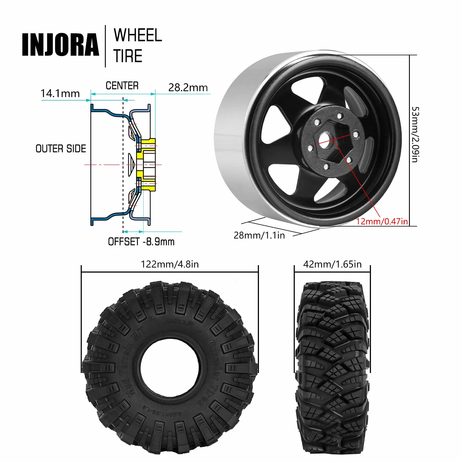 INJORA Zestaw opon błotnych 1.9 offset -8,9 mm obręcz koła Beadlock do 1/10 RC Crawler Car Axial SCX10 90046 UTB18 TRX4, czarny