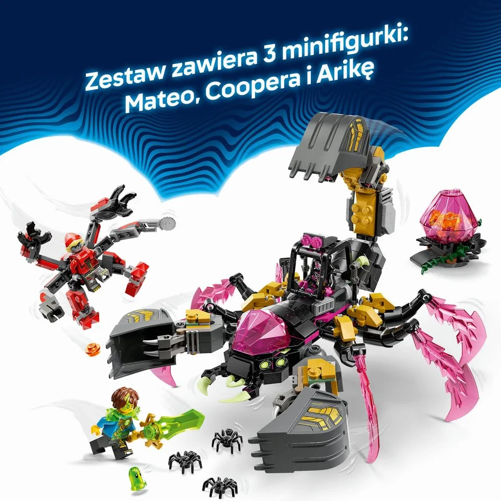 LEGO DREAMZzz Koszmarna skorpionowa koparka, zabawka dla dzieci z 3 minifigurkami, dwie opcje budowania, prezent na urodziny dla chłopców i dziewczynek w wieku od 7 lat, dekoracja fantasy 71513