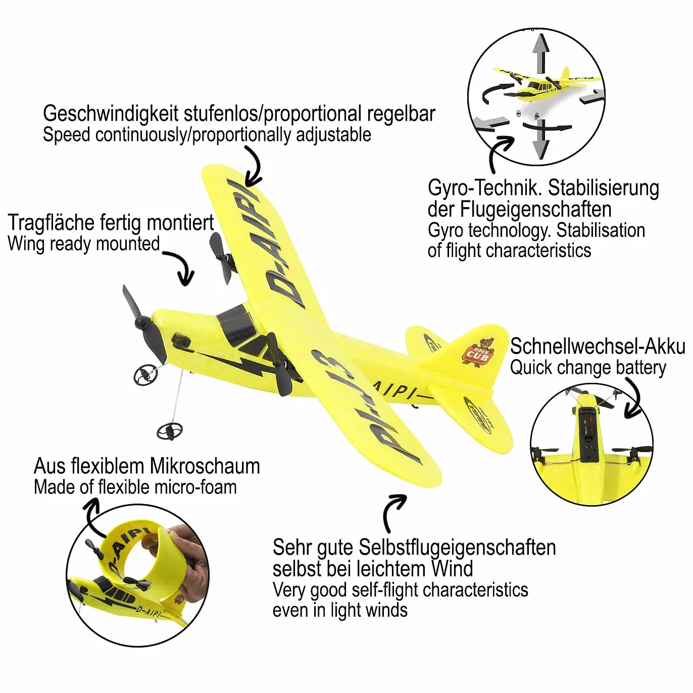 Piper J3-CUB samolot 2,4 GHz Gyro 2CH – 2,4 GHz dla wielu graczy, elastyczna mikro-pianka, nadaje się dla początkujących