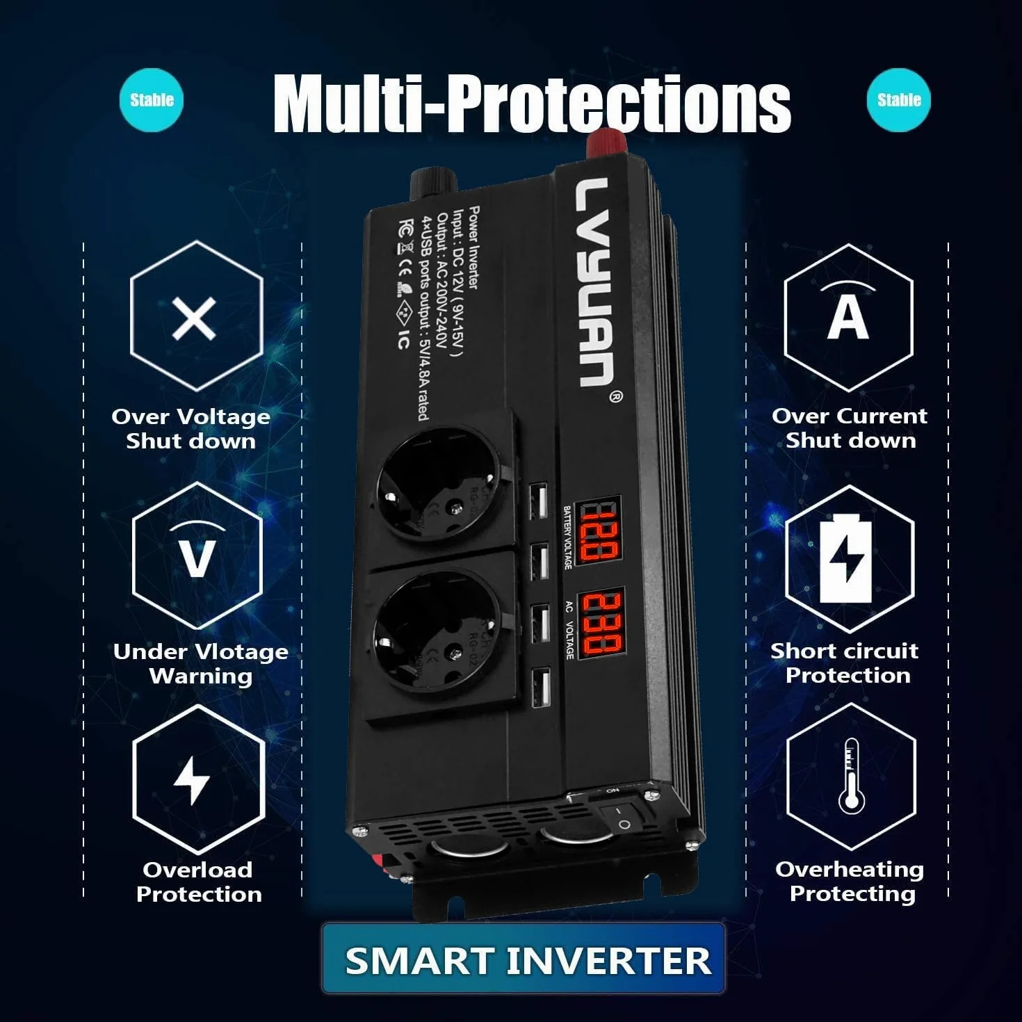 Yinleader Power Inverter 12V 230V 1500W Falownik z 4 USB i 2 Gniazdami