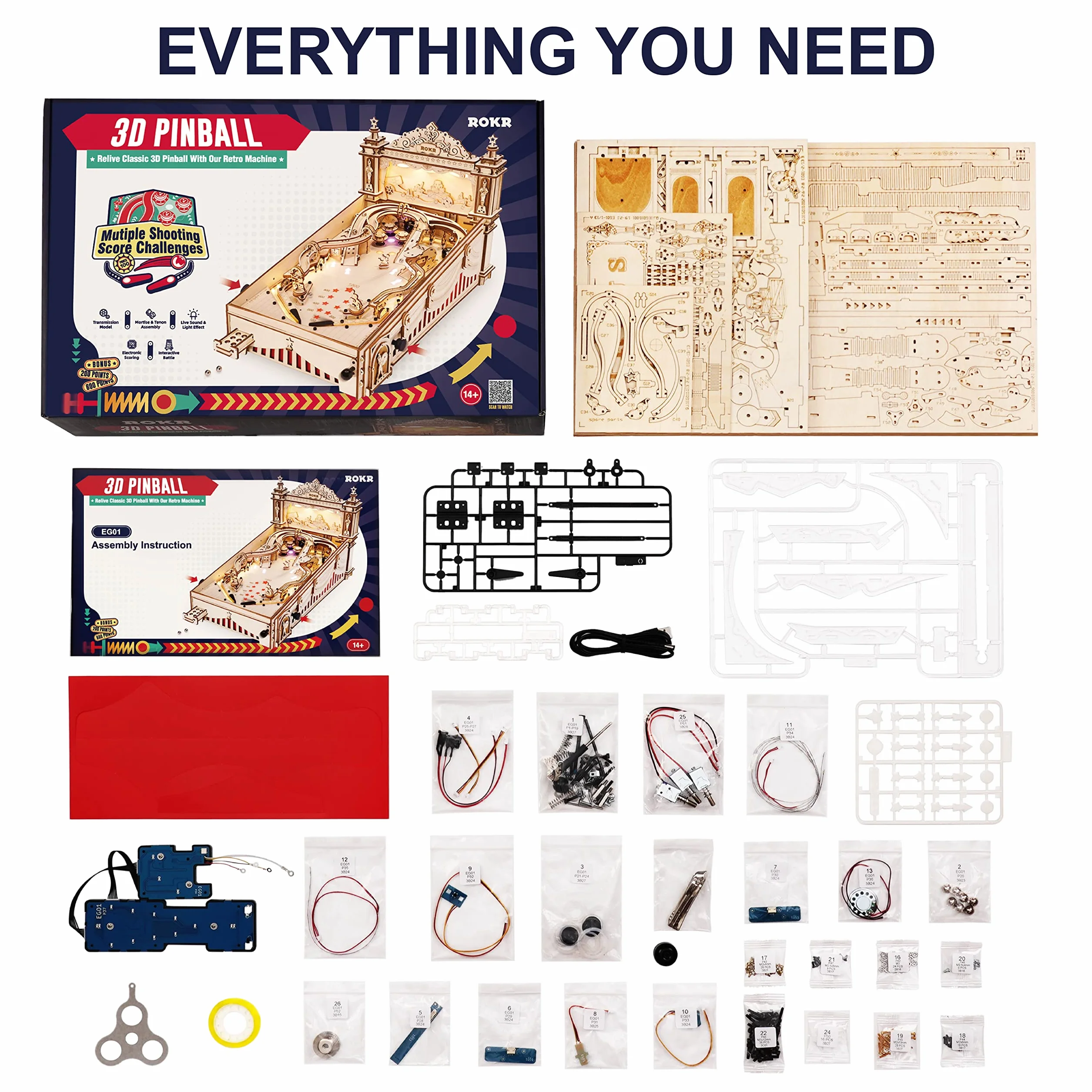ROKR Miniaturowa maszyna do pinballa, drewniane puzzle 3D dla dorosłych - DIY zestawy modeli drewnianych dla dorosłych - zabawki prezenty dla dzieci w wieku 14 lat i starszych