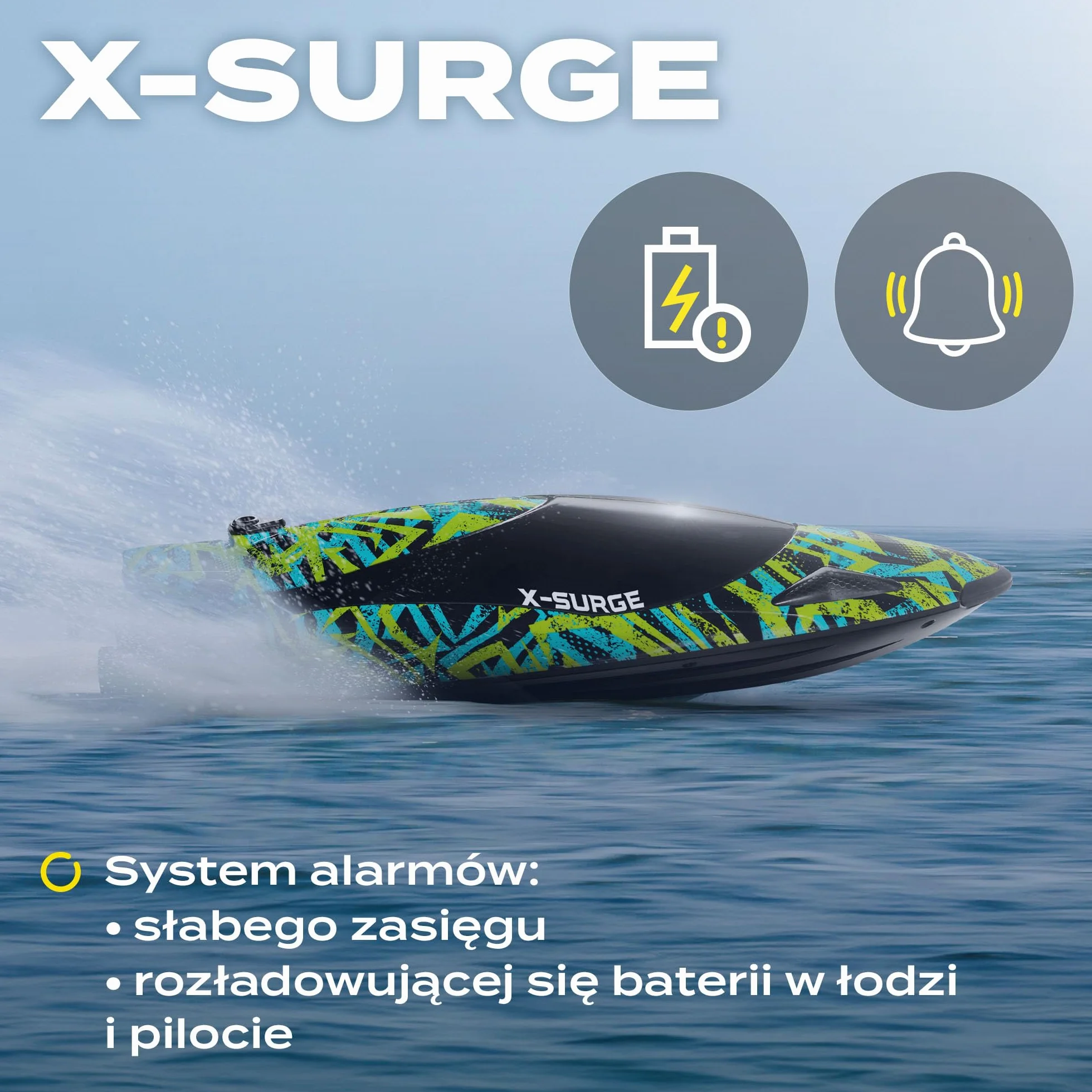 OVERMAX X-SURGE Zdalnie Sterowana Łódź Wyścigowa RC Motorówka ze Światłem LED 35 km/h Baterie 1200 mAh 30 min Zabawy Regulacja Prędkości Zasięg do 100 m, Zabawka na Basen i Jeziora
