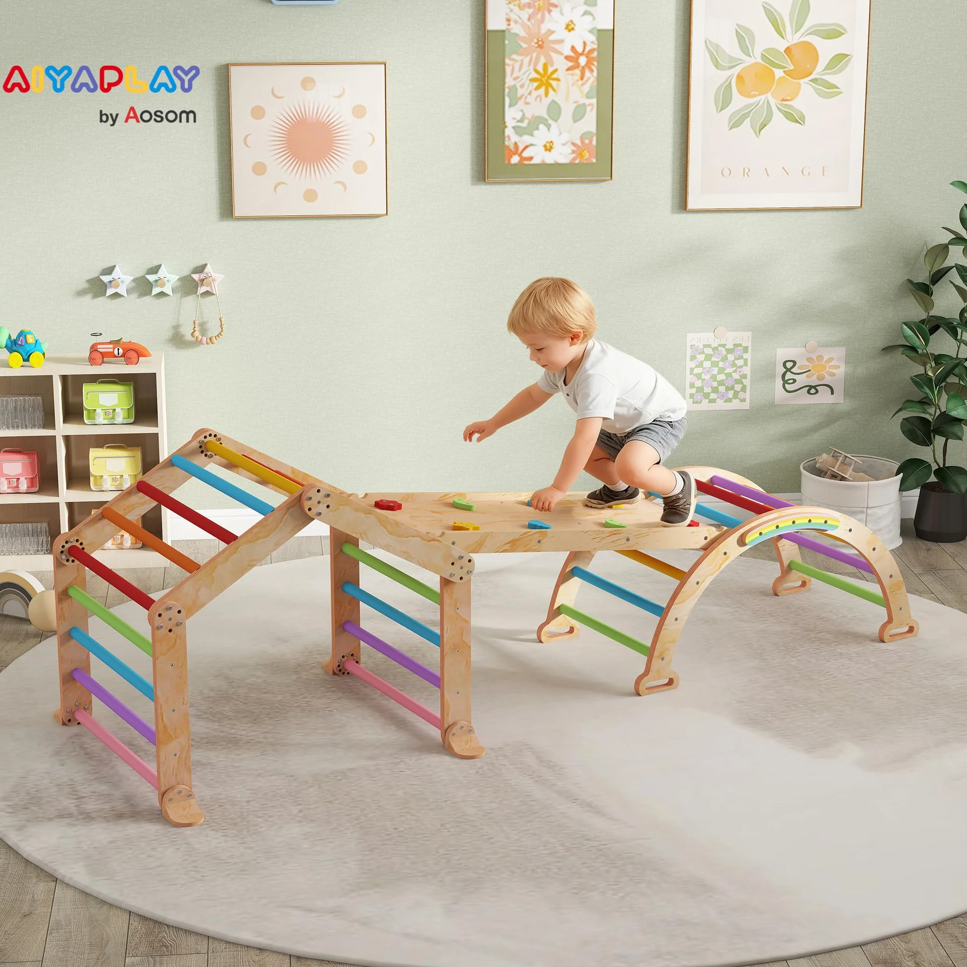 AIYAPLAY Climbing Frame for Toddlers Indoor Climbing Frame, 9 in 1 Wooden Baby Indoor Playground with Ramp, Slide, Arch, Ladder, Blackboard, Play Jungle Gym Climber for Kids 1.5-4 Years Old