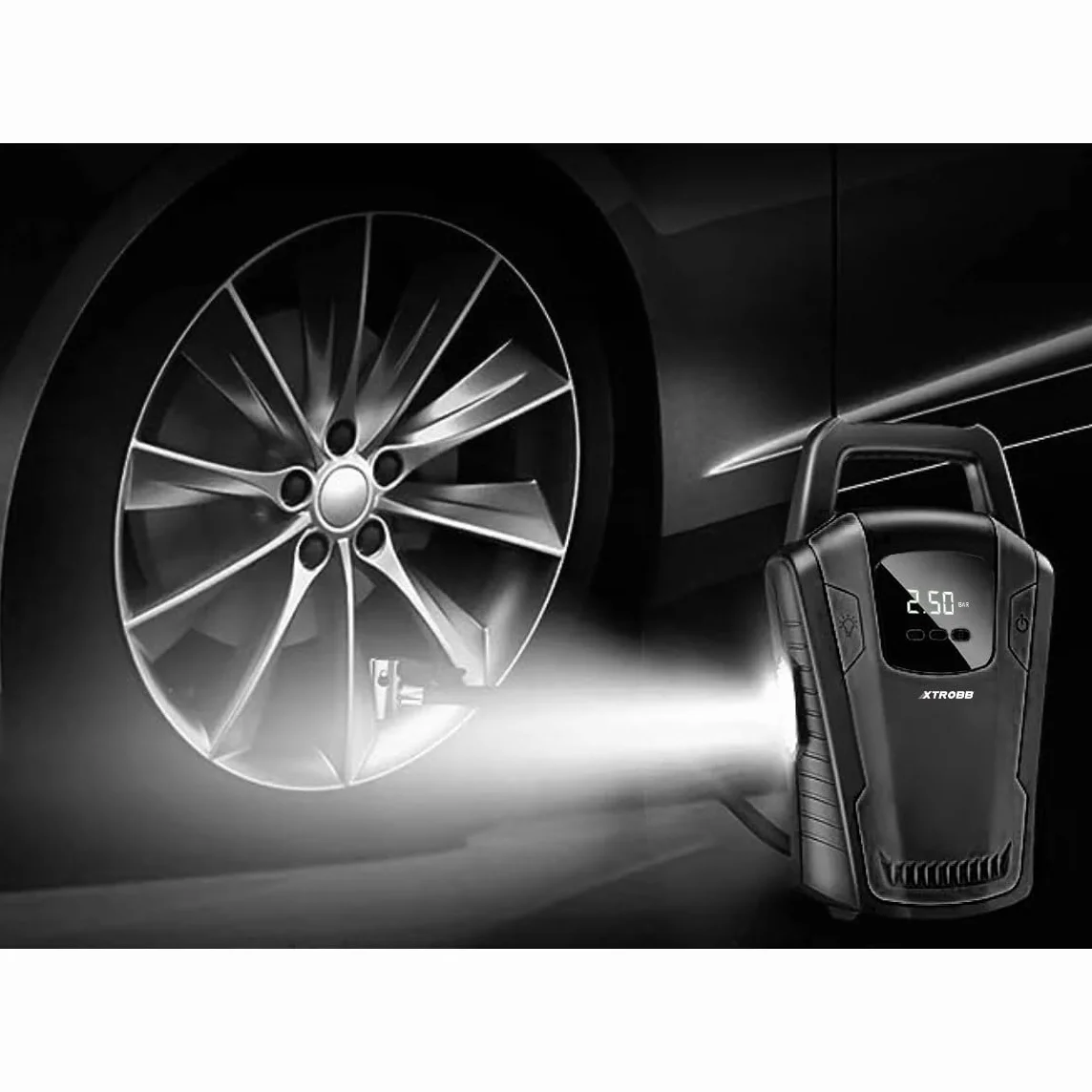 Mobilna sprężarka samochodowa pompka powietrza, 3 dysze powietrza, manometr, zaciskowa dysza z pompką, lampa 21866