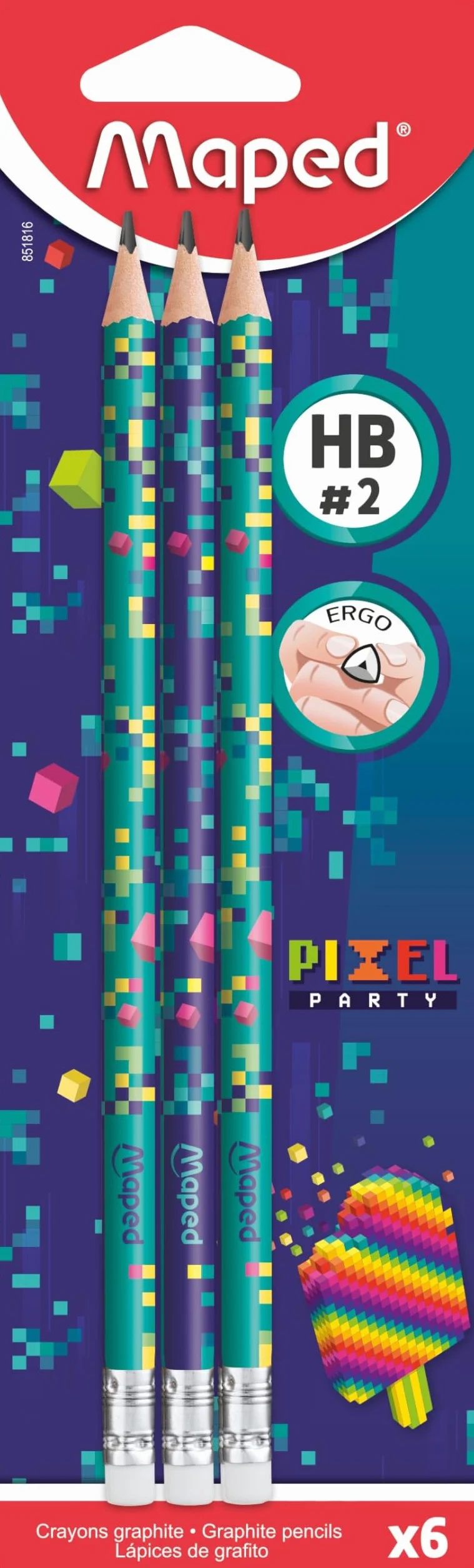 Maped - Kredki grafitowe HB #2 Pixel Party - Kredki papierowe z gumką - Ergonomiczny trójkątny kształt - blister 6 ołówków papierowych