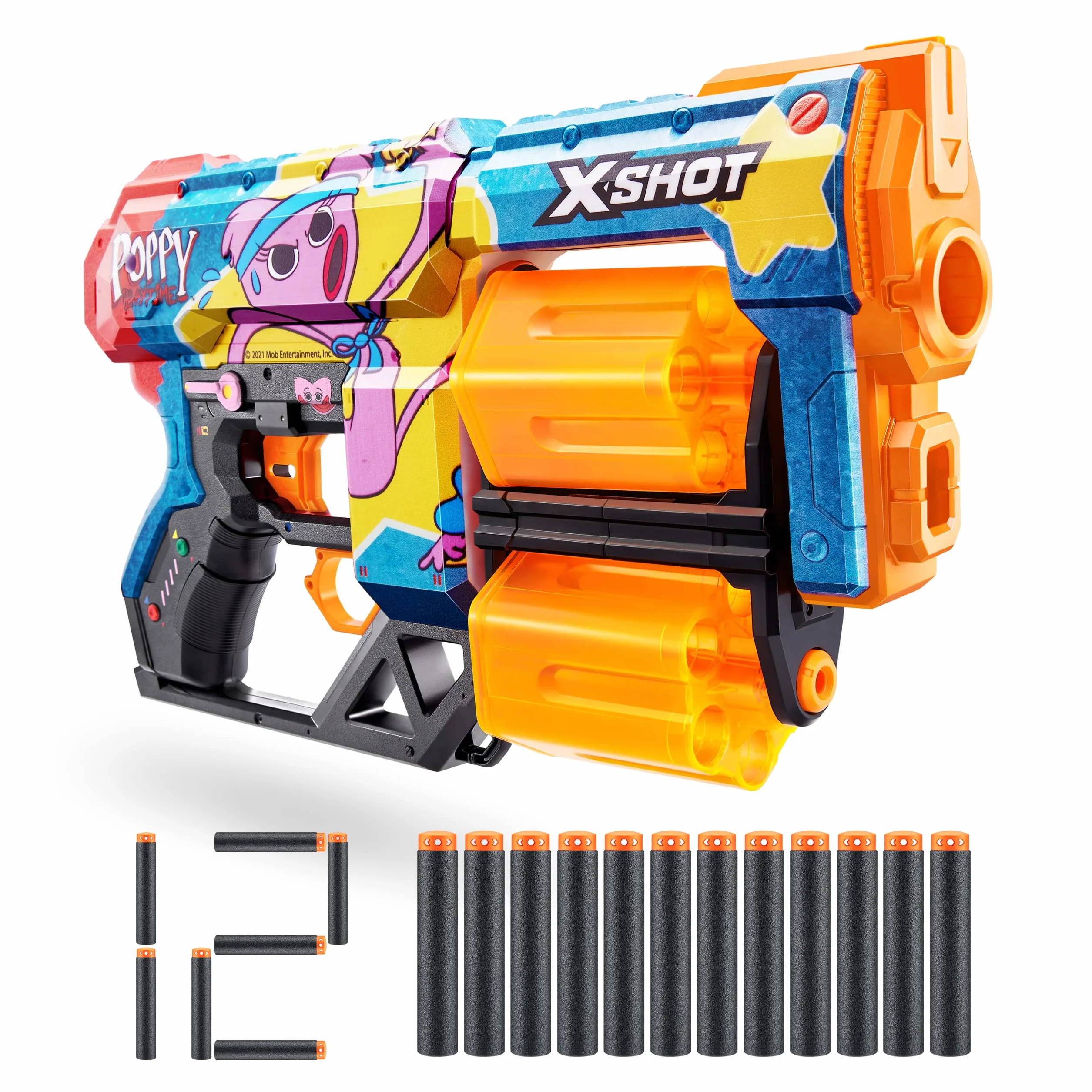 X-Shot Skins Dread Blaster - Poppy Playtime (Kissy) marki ZURU z 12 rzutkami, podwójna obrotowa beczka, technologia rzutek powietrznych, zabawka do piany dla dzieci, nastolatków i młodzieży