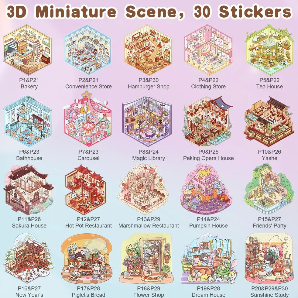 Vicloon Zestaw naklejek DIY domek 3D, 50 arkuszy nminiaturowe naklejki domowe 3D,urocze naklejki z kreskówkową scenerią dla dorosłych i dzieci do odprężenia i zabicia czasu,z pęsetą