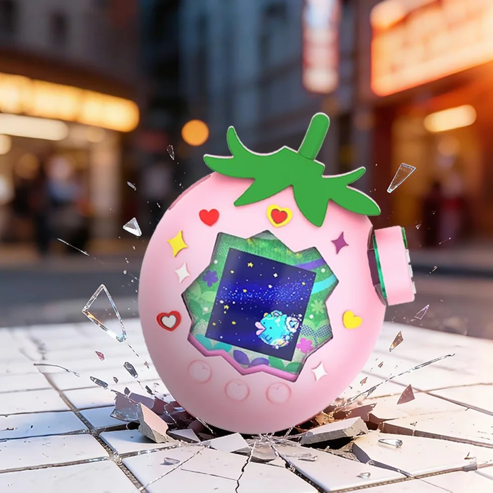 Truskawkowe etui ochronne do raju Tamagotchi, miękka silikonowa osłona TPU, truskawkowe etui z motywem kreskówkowym ze smyczą i nasadką na klawisze, odporne na zarysowania i wstrząsy