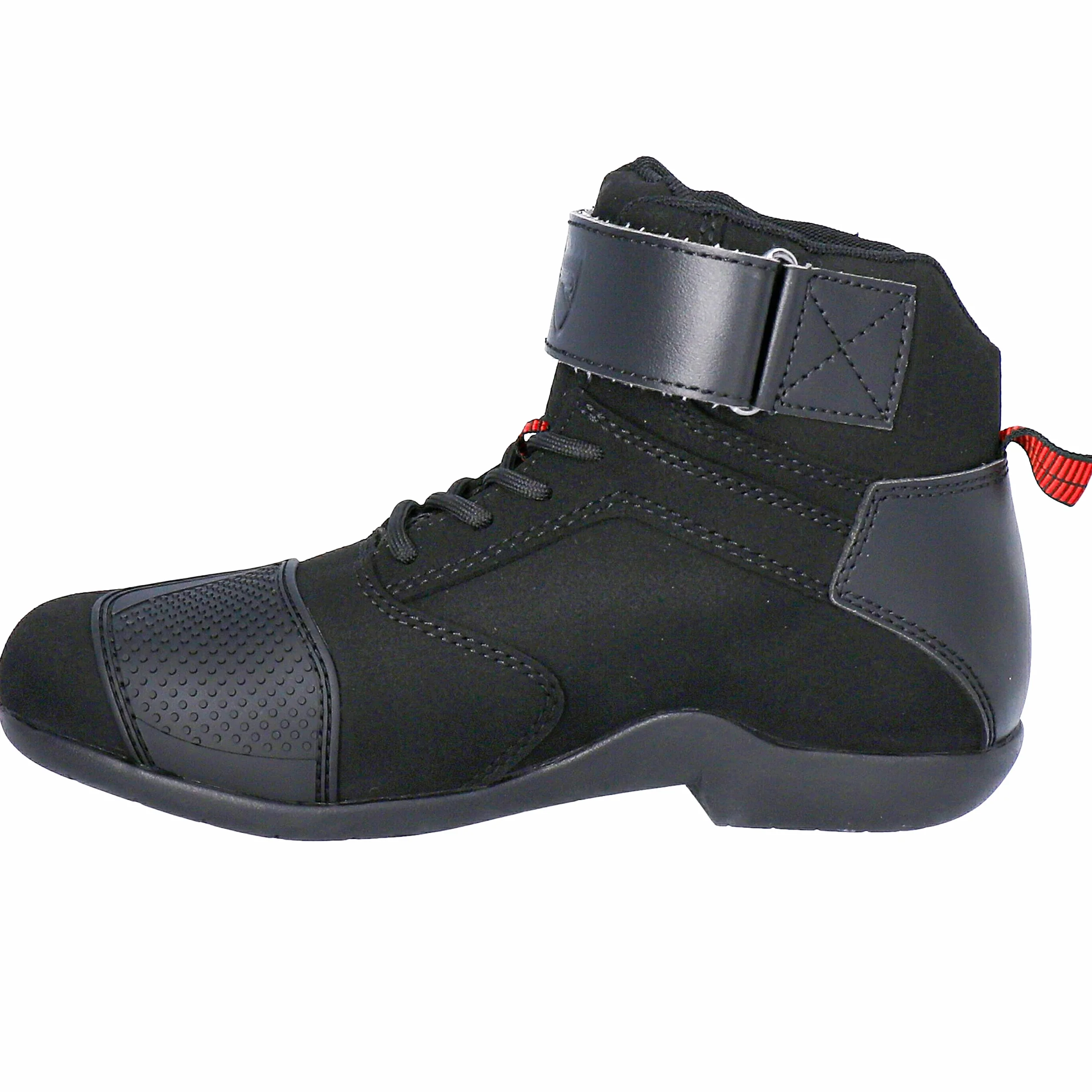 CURVE Czarne/czerwone buty motocyklowe Rubi | Mężczyzna i kobieta | Mikrofibra | Miejskie zastosowanie | Wzmocnienie zmiany biegów, czerwone detale, koronki, podeszwa antypoślizgowa | homologacja CE