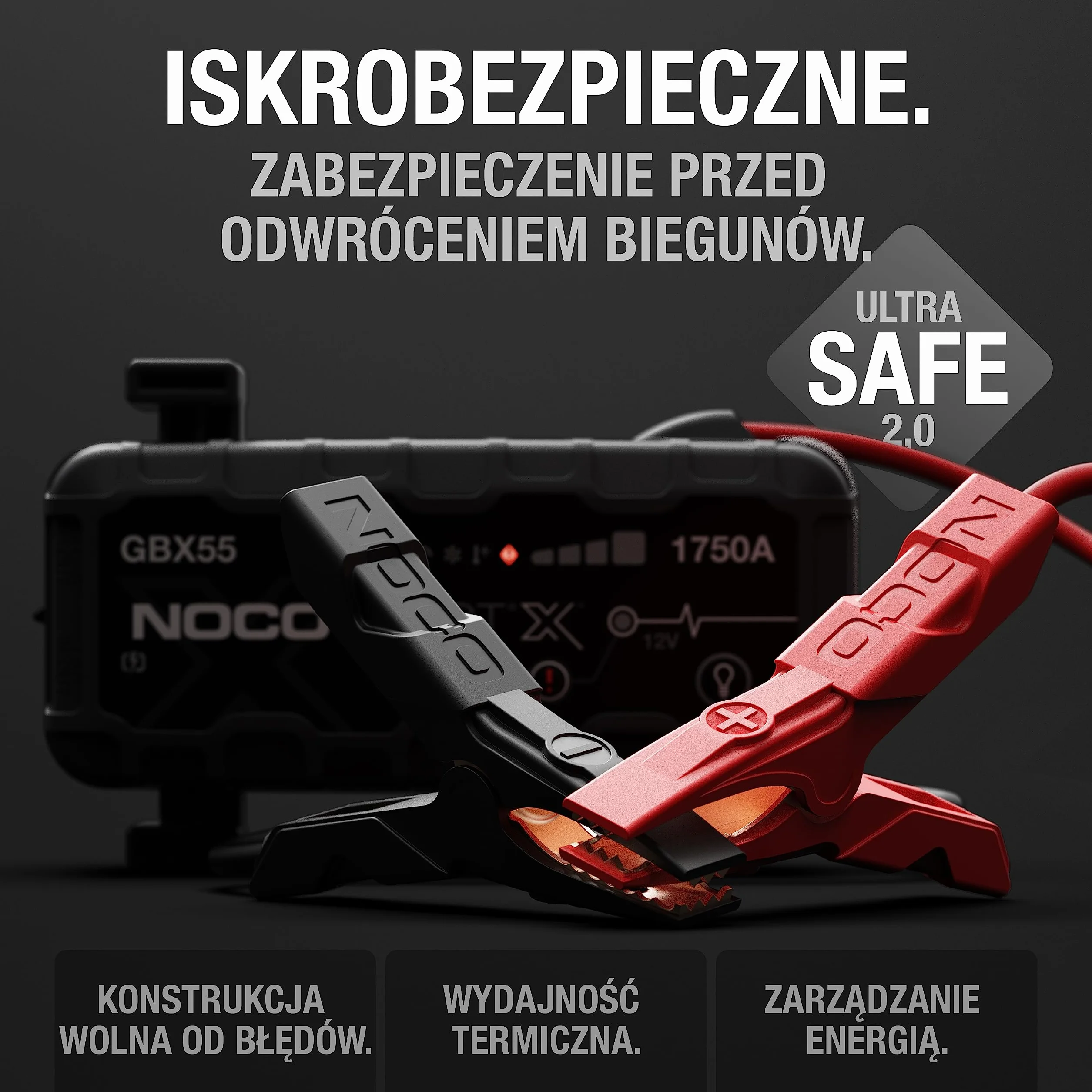 NOCO Boost X GBX55 1750A 12V UltraSafe litowy urządzenie rozruchowe, booster do akumulatora I kable rozruchowe do 7,5-litrowych silników benzynowych i 5,0-litrowych silników wysokoprężnych