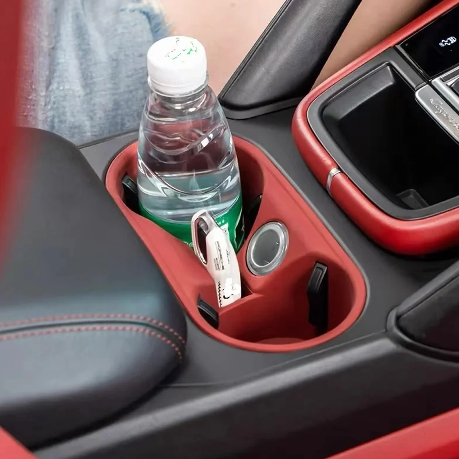 Konsola Środkowa Osłona ochronna na kubek z silikonową osłoną na konsolę środkową samochodu, pasująca do Porsche, Cayenne 2024 i 2025(Black Charging Pad)