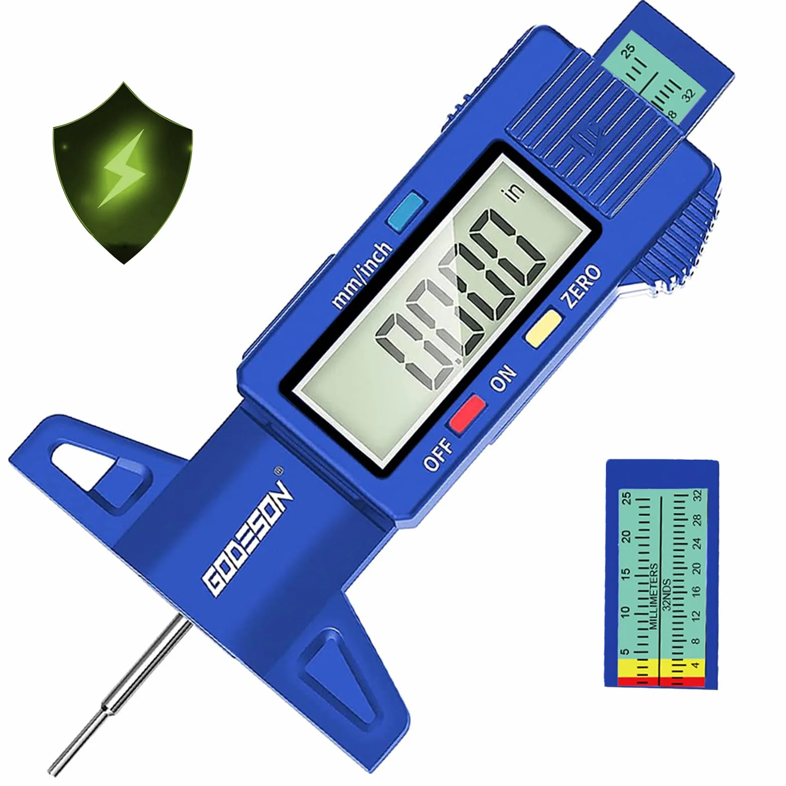 GODESON Niebieski cyfrowy miernik głębokości bieżnika opon, 0-25,4 Mm Cyfrowy z dużym wyświetlaczem LCD i niebieskim miernik bieżnika opon do samochodów osobowych, ciężarowych, motocykli
