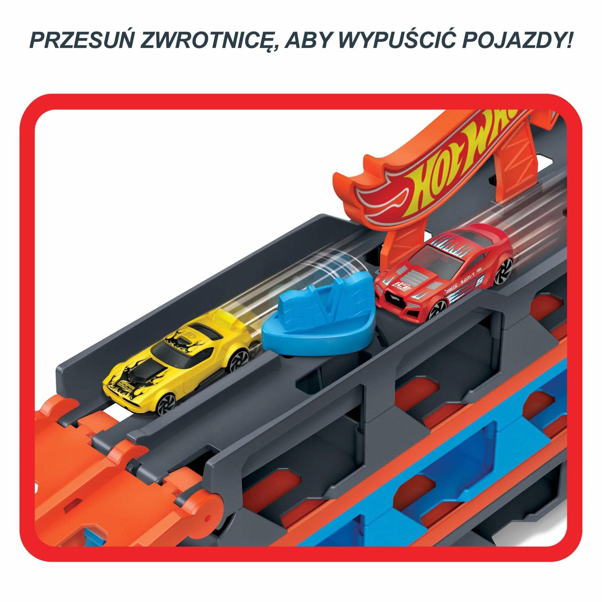 Hot Wheels - Wyścigowy transporter 2w1 z 3 samochodzikami w skali 1:64 i rozkładanym torem wyścigowym o długości 1,8 m oraz miejscem na 20 pojazdów; dla dzieci w wieku od 4 do 8 lat, HGH33