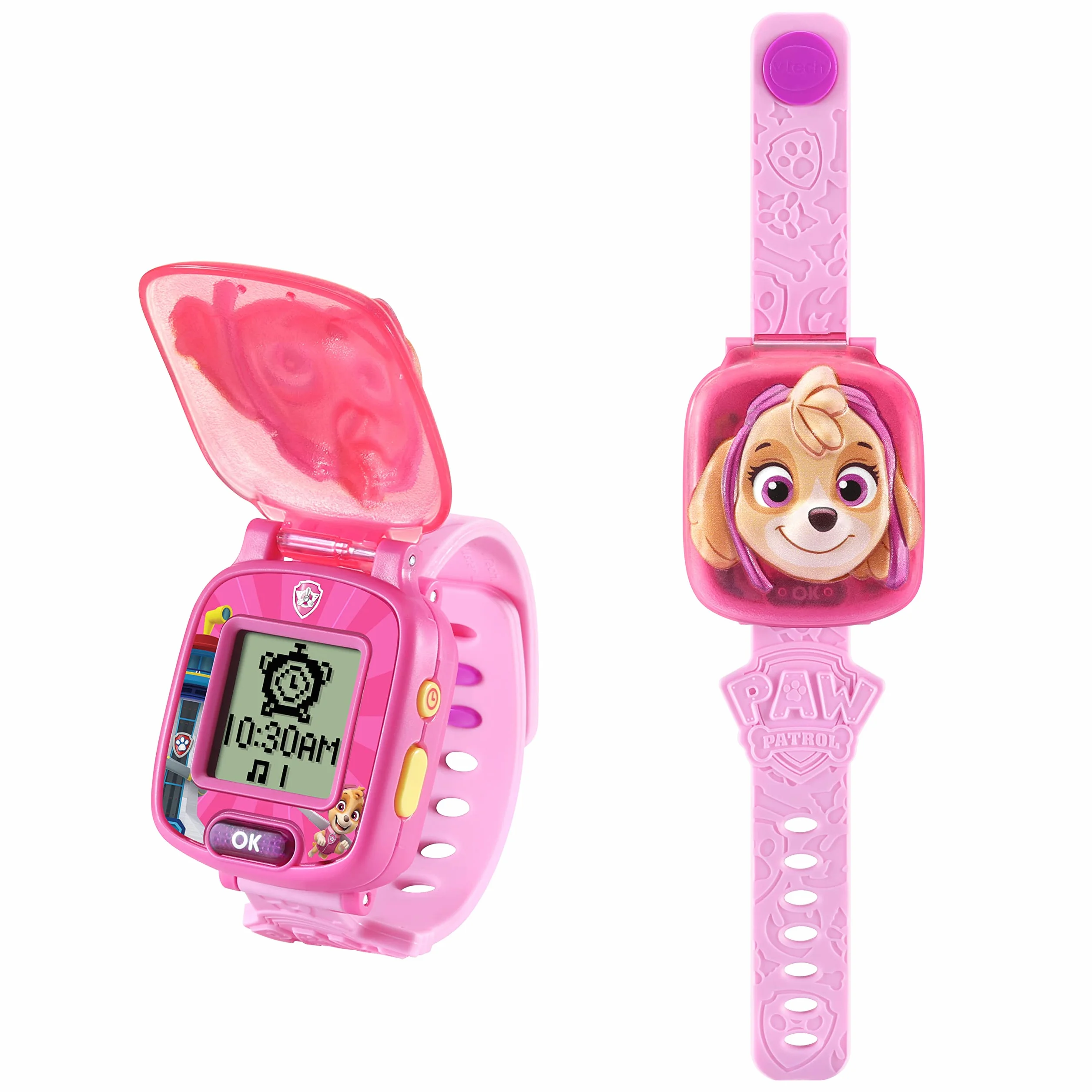 VTech - Psi Patrol, interaktywny zegarek do gier Stelli, zegarek dla dzieci z klapką z animowanym ekranem, miękki pasek, 12 tarczy, 4 gry, prezent dla dzieci w wieku od 3 lat do 7 lat - Zawartość w