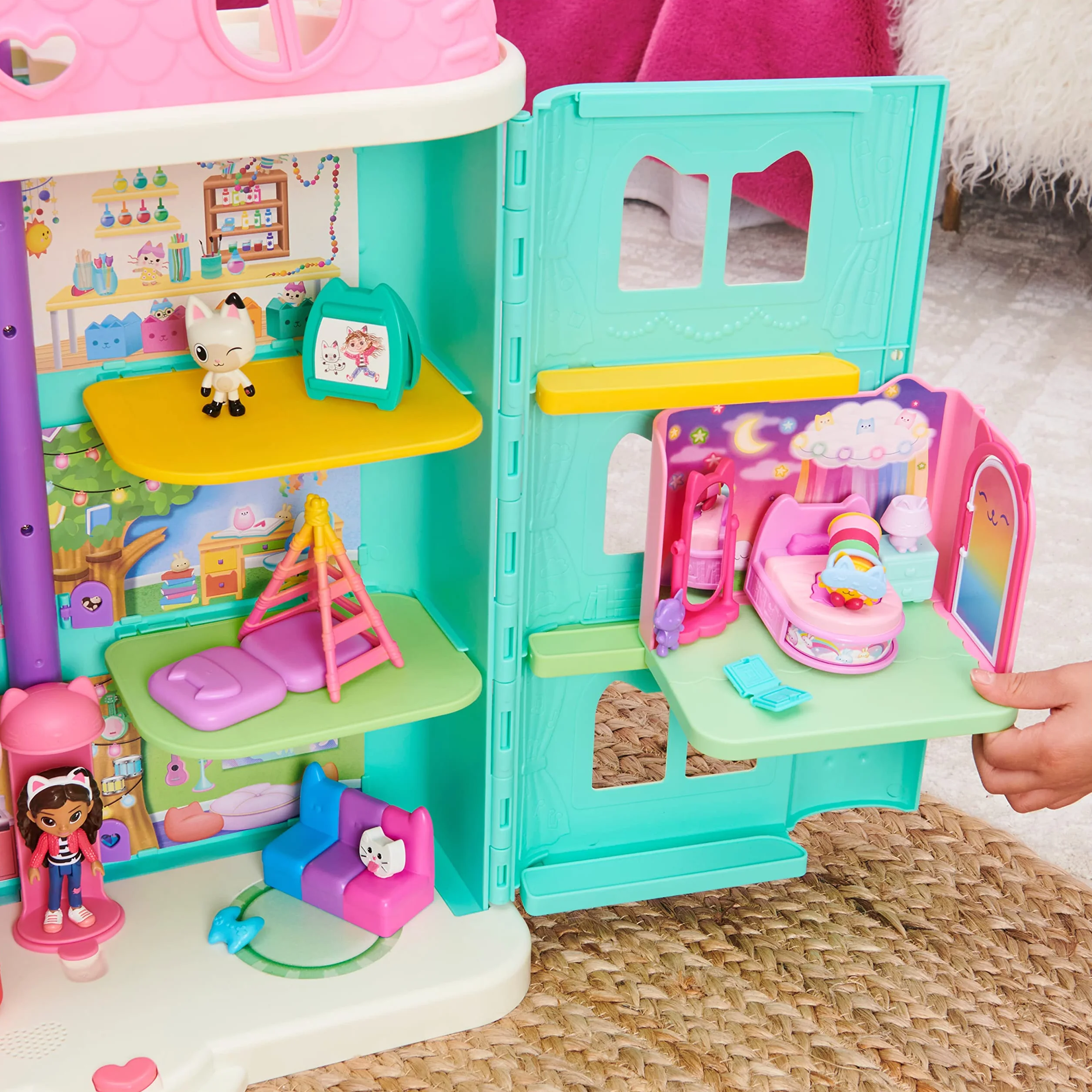 Domek dla lalek Gabby, Sweet Dreams, sypialnia z poduszką, figurką kota i akcesoriami, 3 elementy mebli i 2 niespodzianki, zabawki dla dzieci od 3 roku życia
