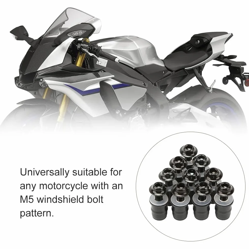 Comioke Śruby mocujące do szyby motocyklowej, M5 x 16 mm, śruby do szyby przedniej, 10 sztuk śrub i śrub do przedniej szyby, wkrętaka, osłony przed wiatrem