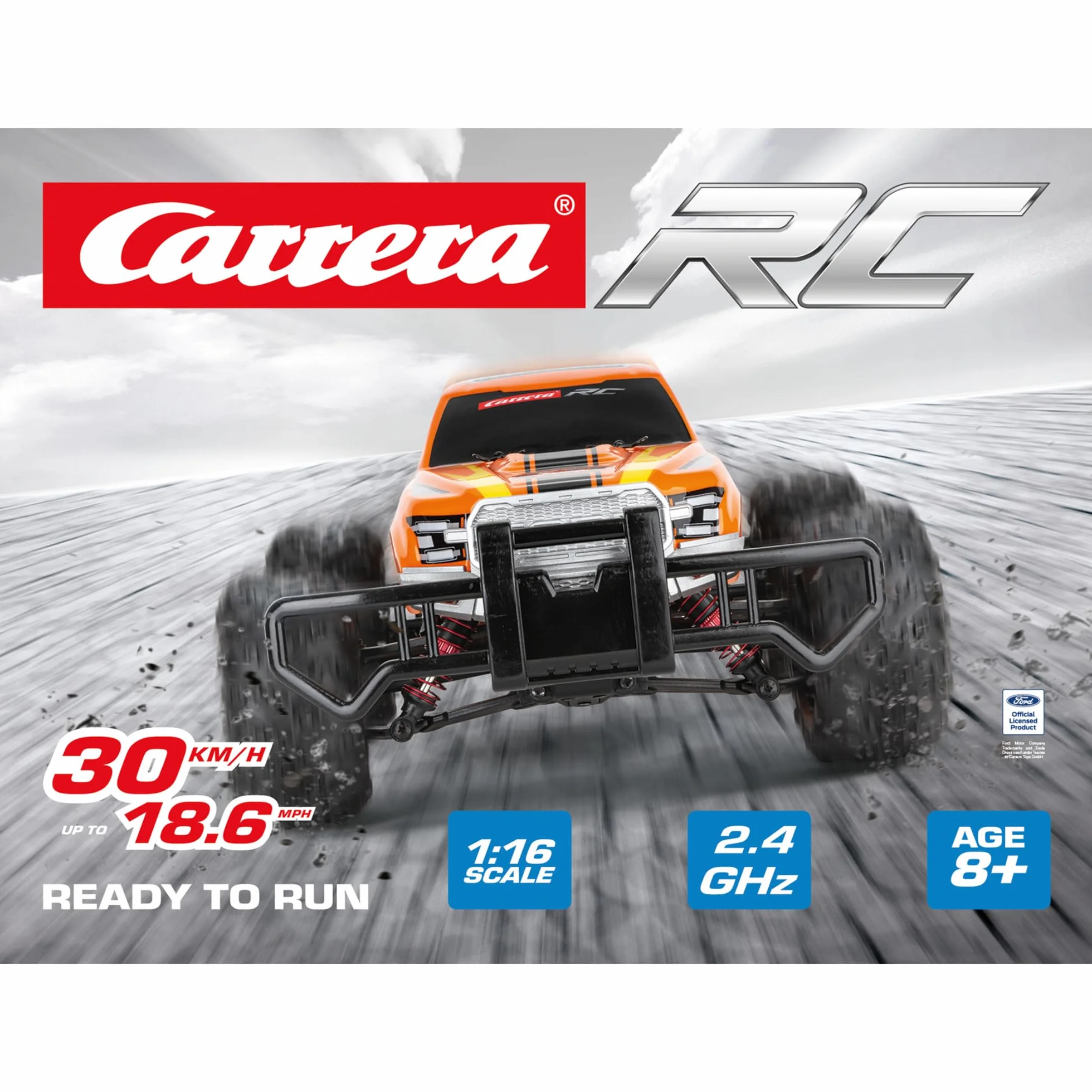 Carrera 370162126 Ford F-150 Raptor mocny pojazd RC 24 GHz zabawa w terenie dzięki napędowi na wszystkie koła, amortyzatorom olejowym i oponom pneumatycznym, wyścigi z dużą prędkością do 30 km/h